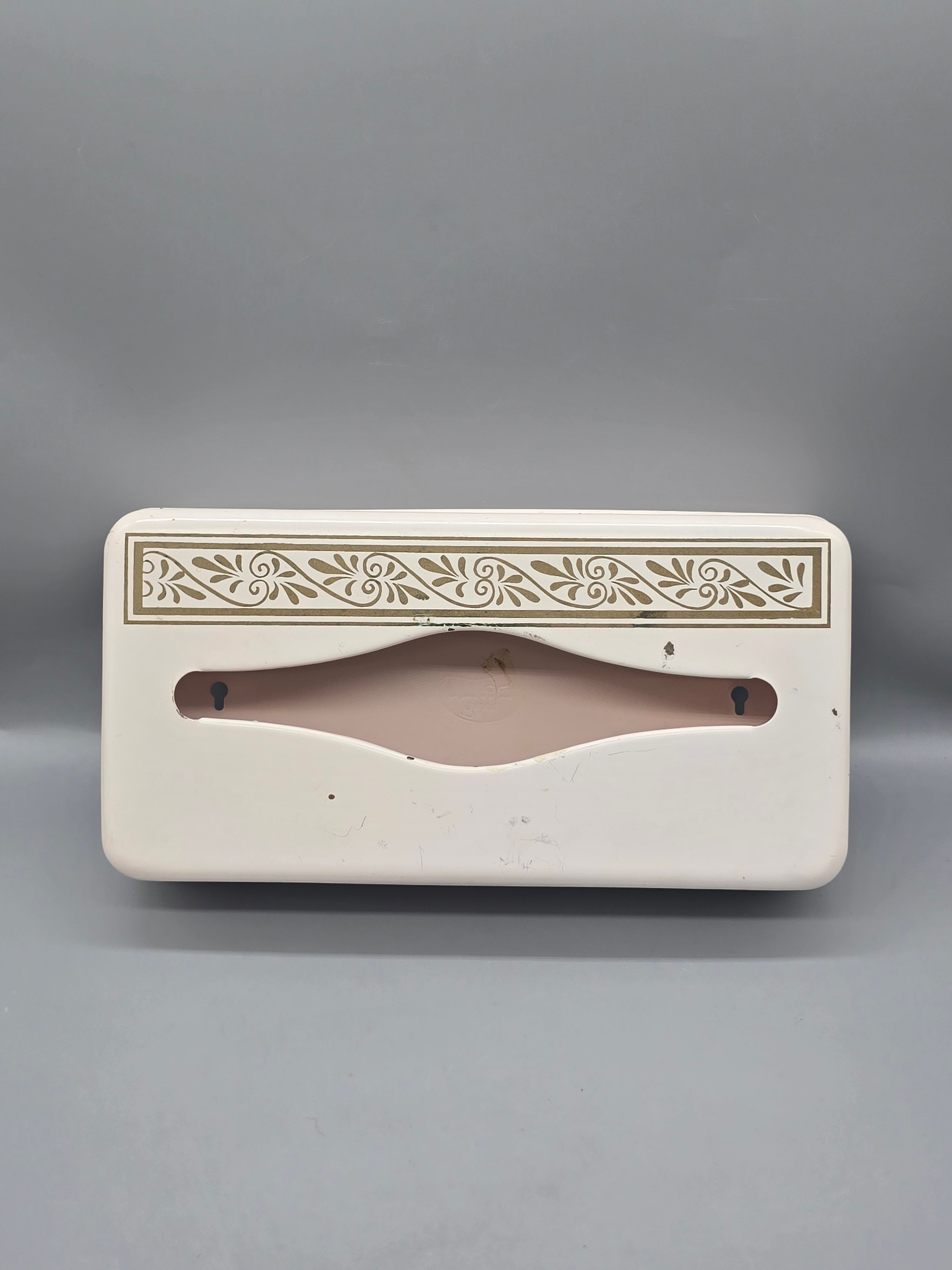 Vintage Rusting Metal Tissue Box Cover Mid Century Floral Scroll Bathroom Vanity Holder 11.5"