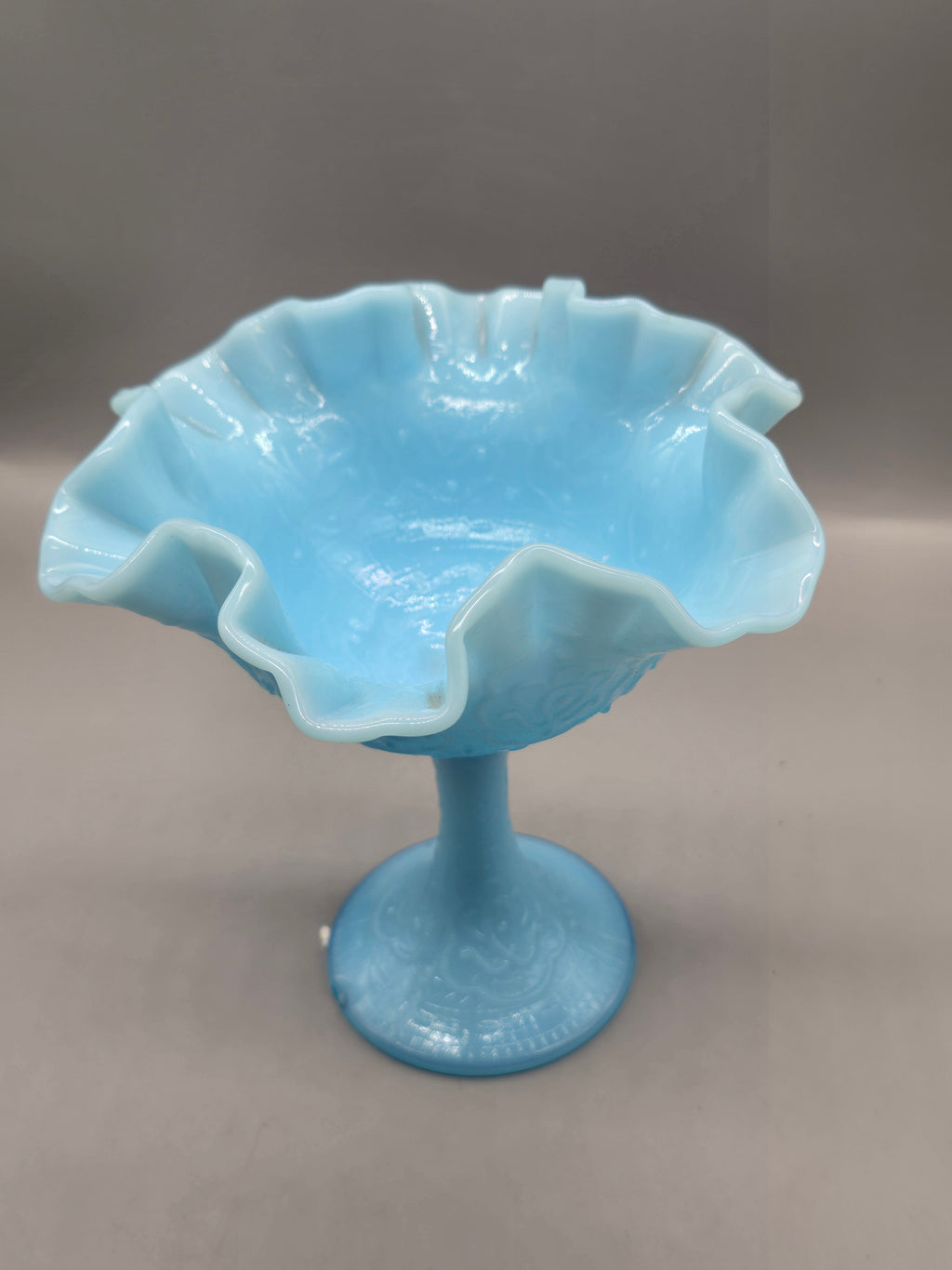 Fenton Blue Satin Glass Compote Pedestal Bowl – Ruffled Edge Candy Dish – Vintage Milk Glass