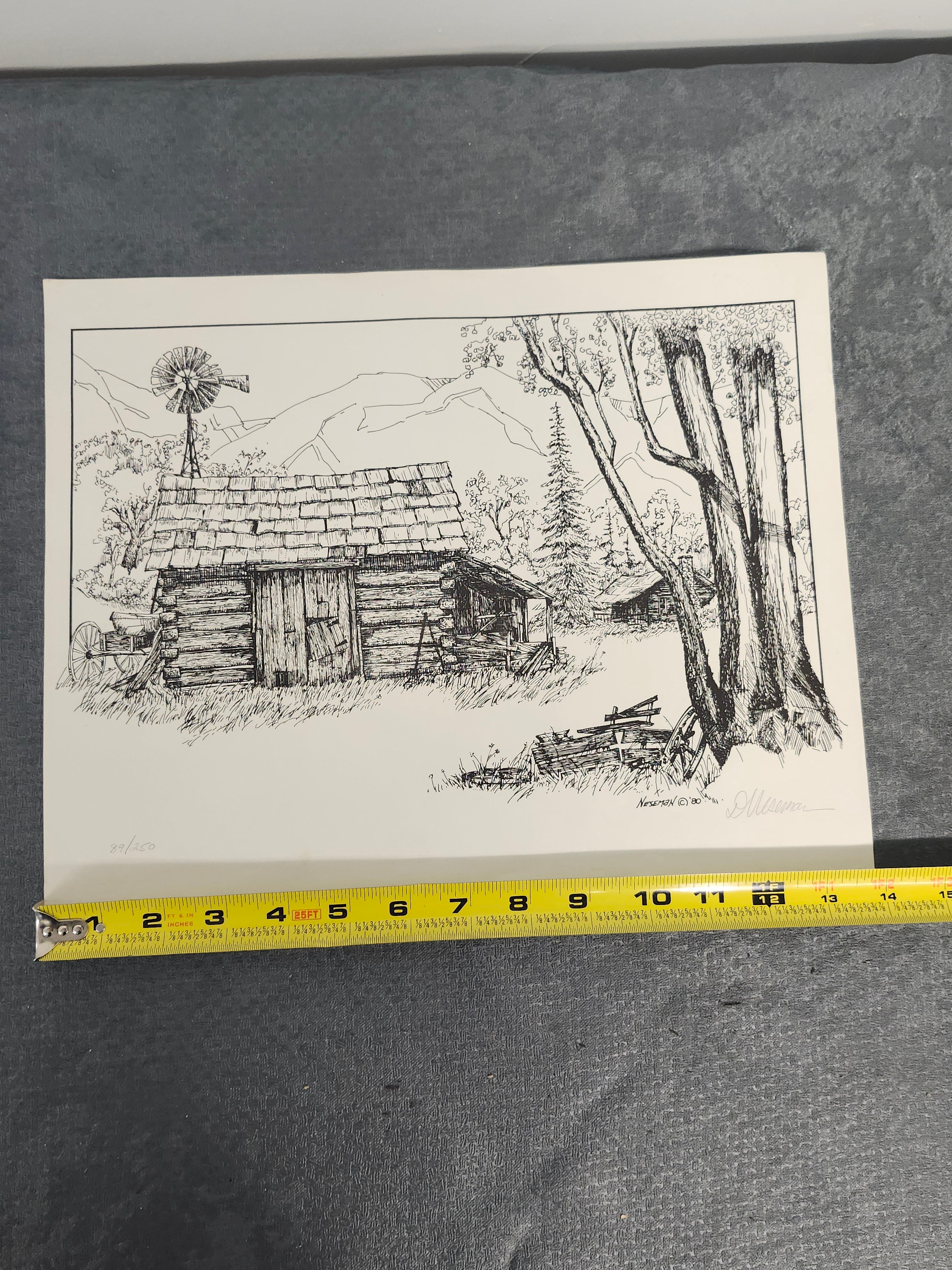 Signed Neseman 1980 Limited Edition Cabin Landscape Print 89/250 Art