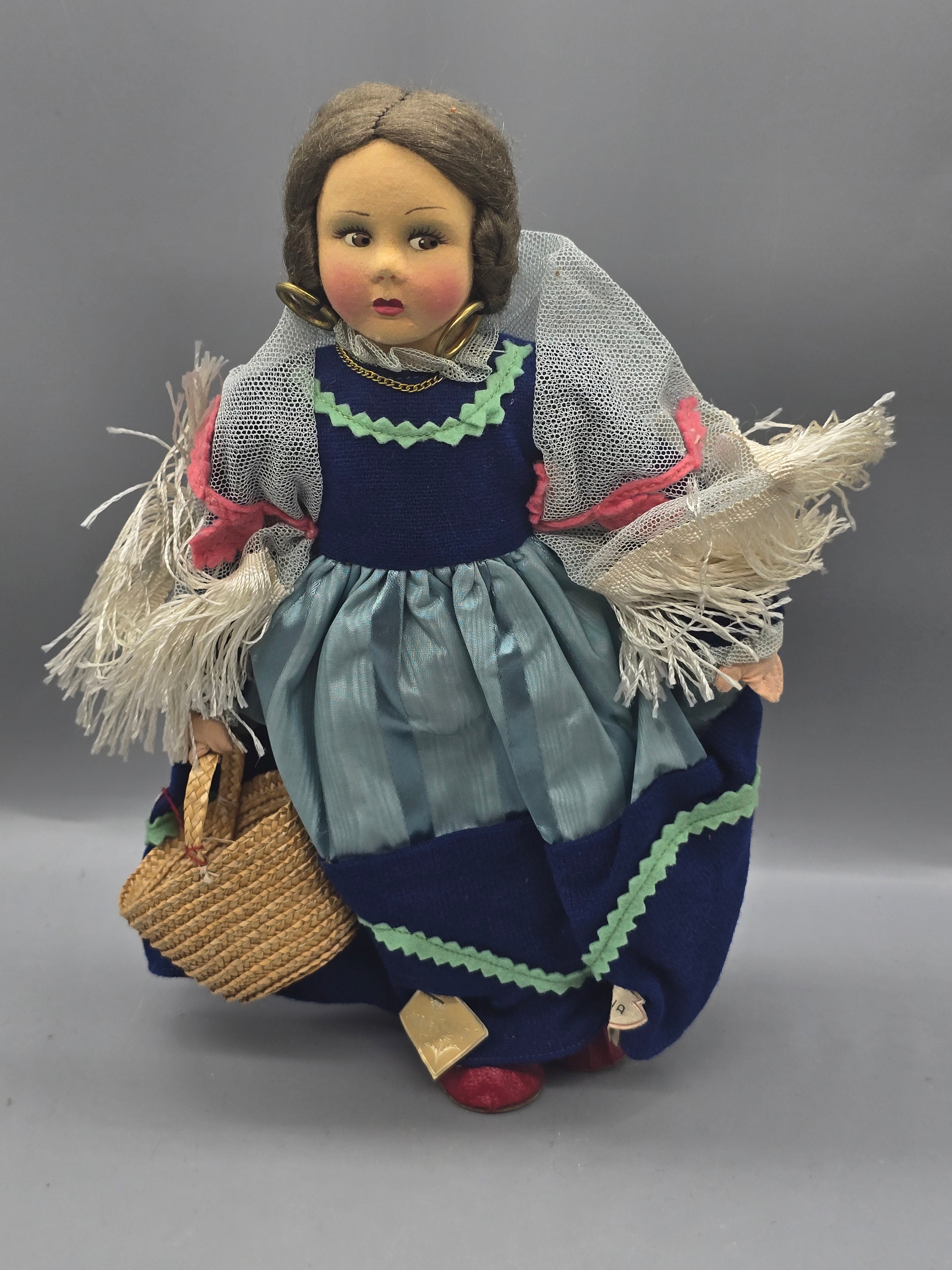 Vintage Magis Roma Puglia Italian Souvenir Doll 10" Folk Costume w/ Basket & Original Tags