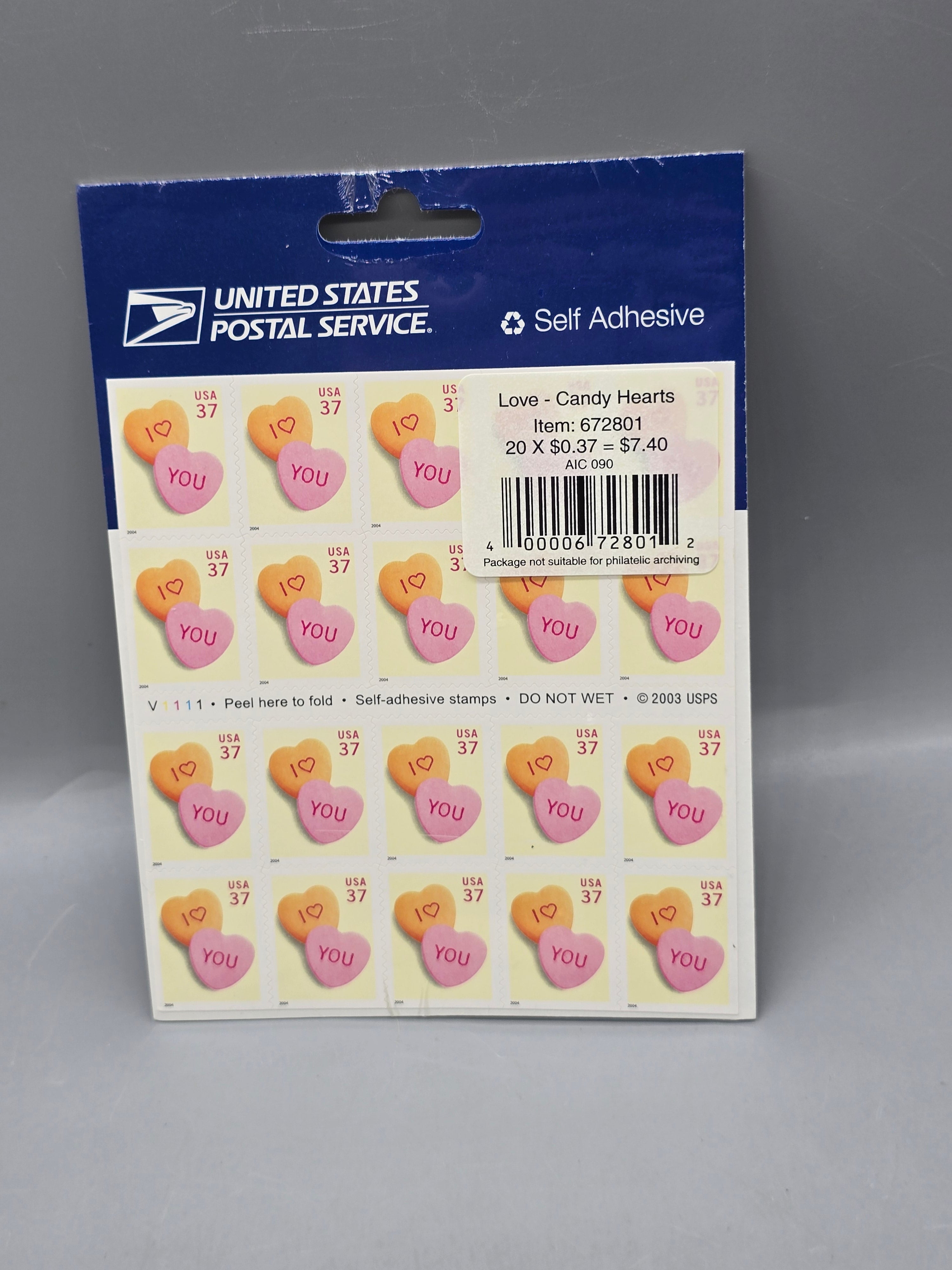 2004 USPS Love Candy Hearts 37¢ Self Adhesive Stamp Sheet 20 Unused Sealed Valentine's