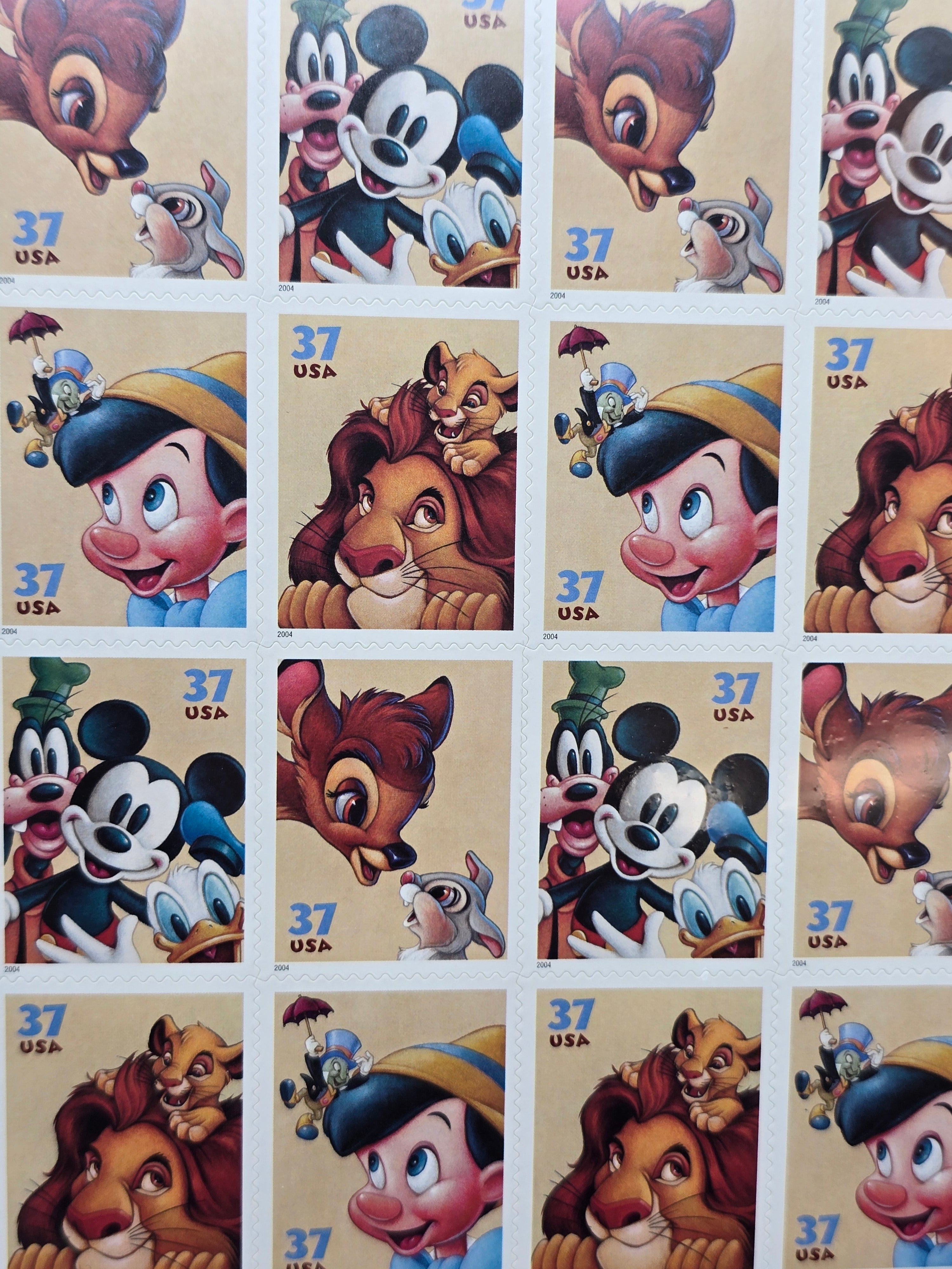 USPS The Art of Disney Friendship 37¢ Sheet of 20 Self-Adhesive Stamps Sealed Mickey Bambi Pinocchio