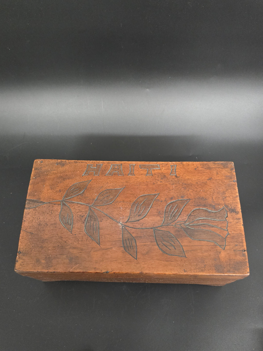 Vintage Hand Carved Wooden Keepsake Box "HAITI" Floral Folk Art Trinket Jewelry Box