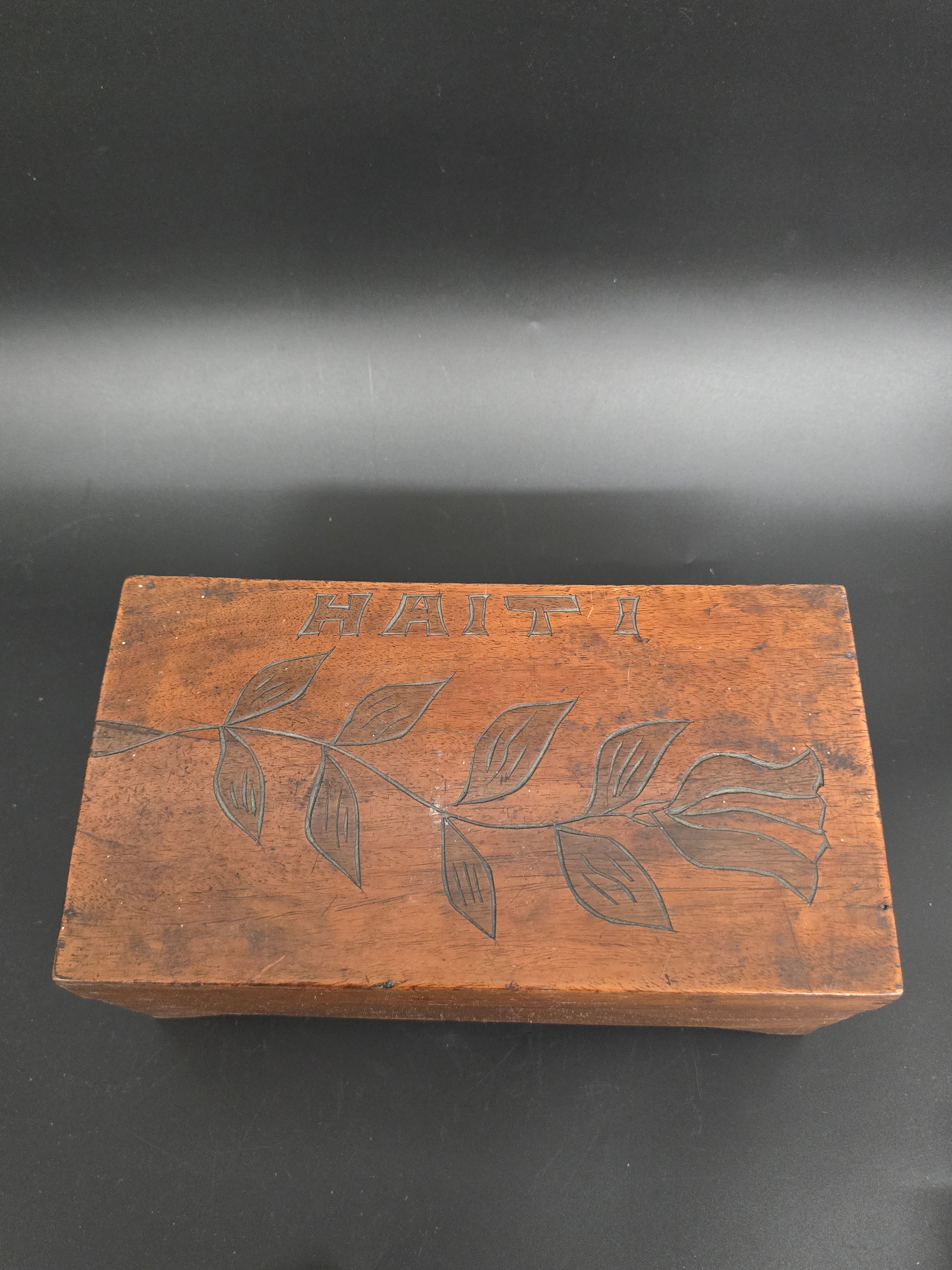 Vintage Hand Carved Wooden Keepsake Box "HAITI" Floral Folk Art Trinket Jewelry Box
