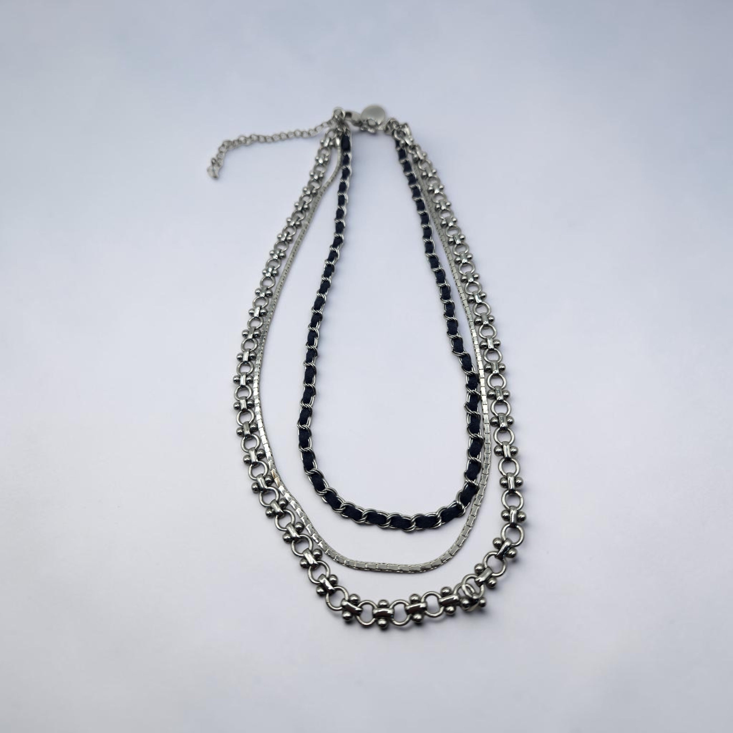 White House Black Market 16" Triple Strand Silver Tone Chain Necklace Black Faux Leather