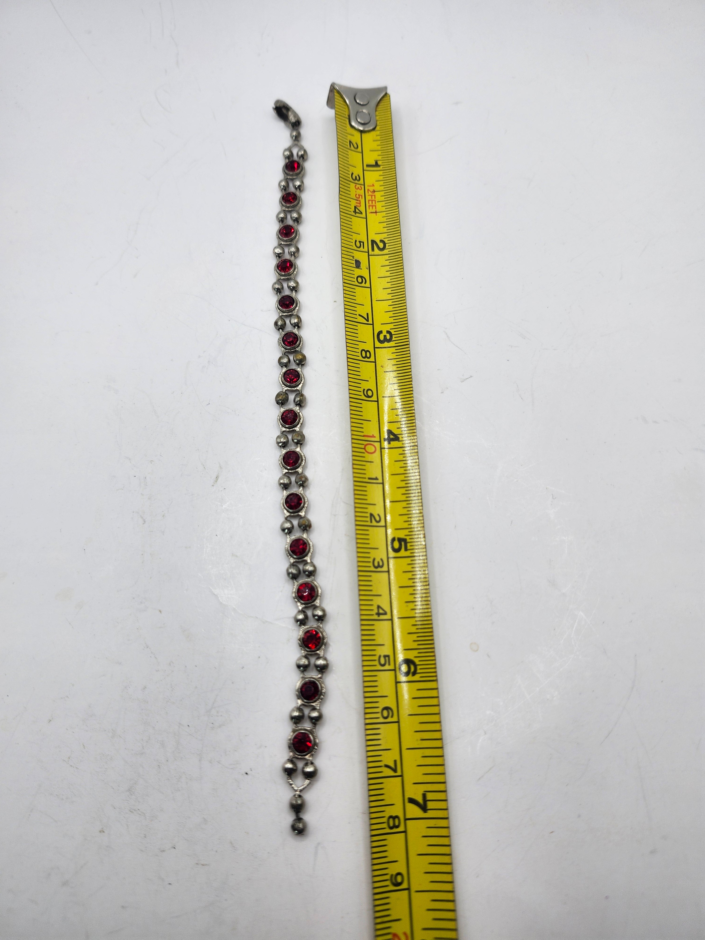 Vintage Silver Tone Red Rhinestone Tennis Bracelet Ruby Red Crystal Link Bracelet