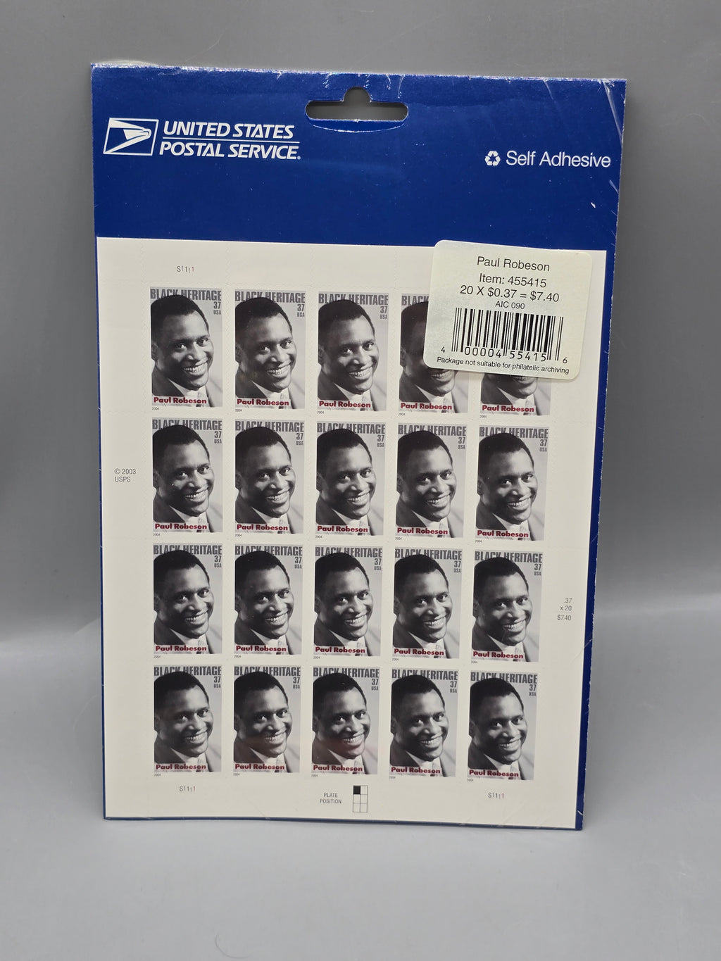 2004 USPS Paul Robeson Black Heritage 37¢ Self Adhesive Stamp Sheet 20 Unused Sealed
