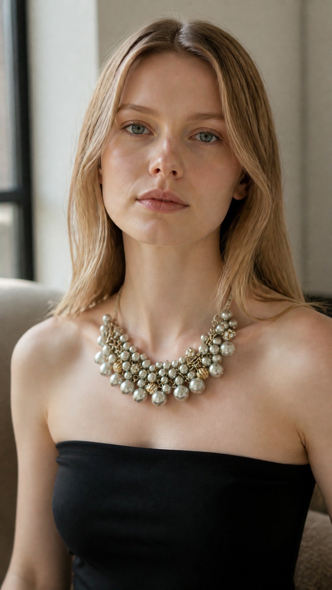 Gold Tone Faux Pearl Cluster Statement Bib Necklace Rhinestone Adjustable Fashion Jewelry