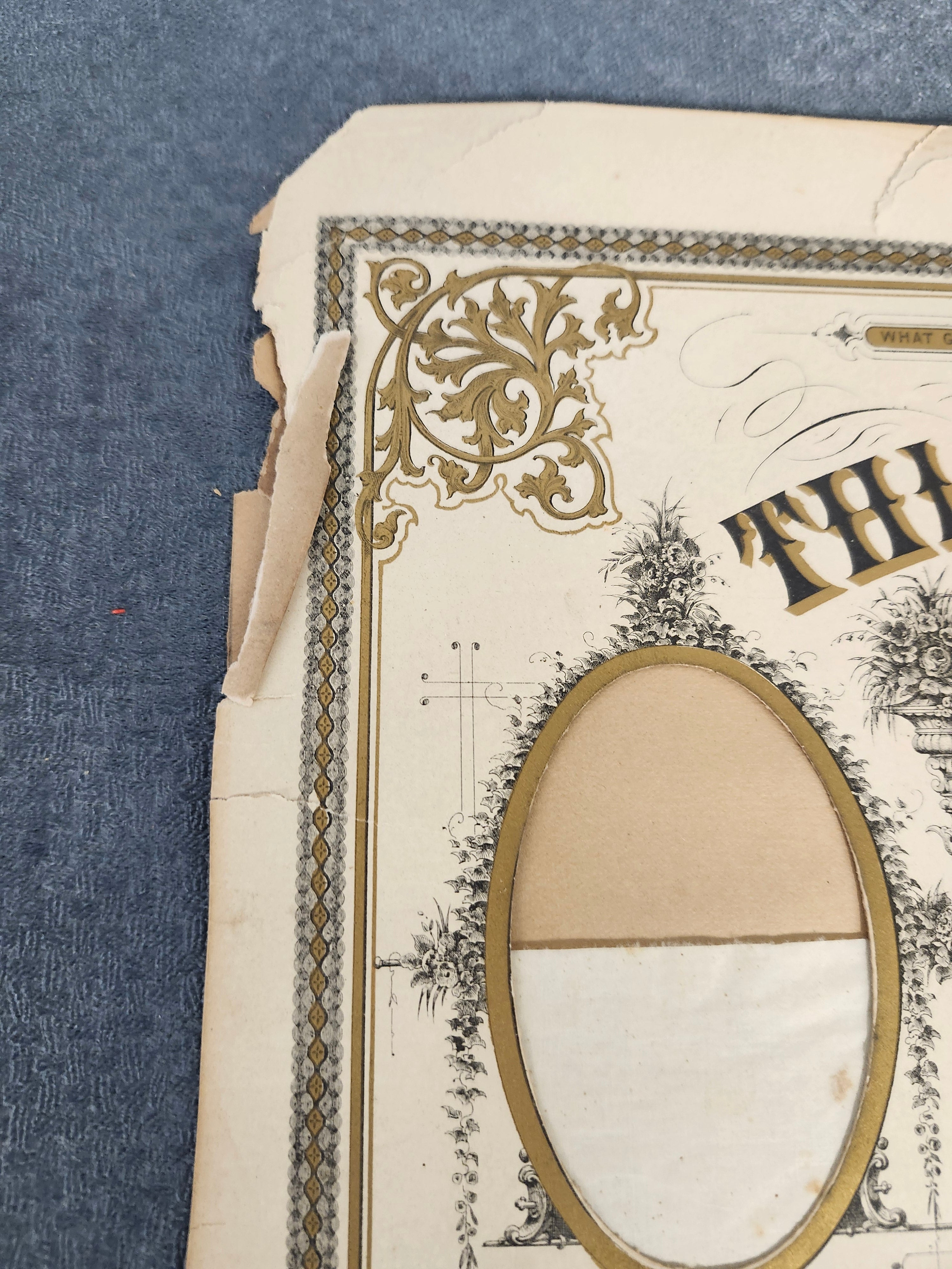 1879 Antique New York Marriage Certificate w Tintype Photo Ornate Document