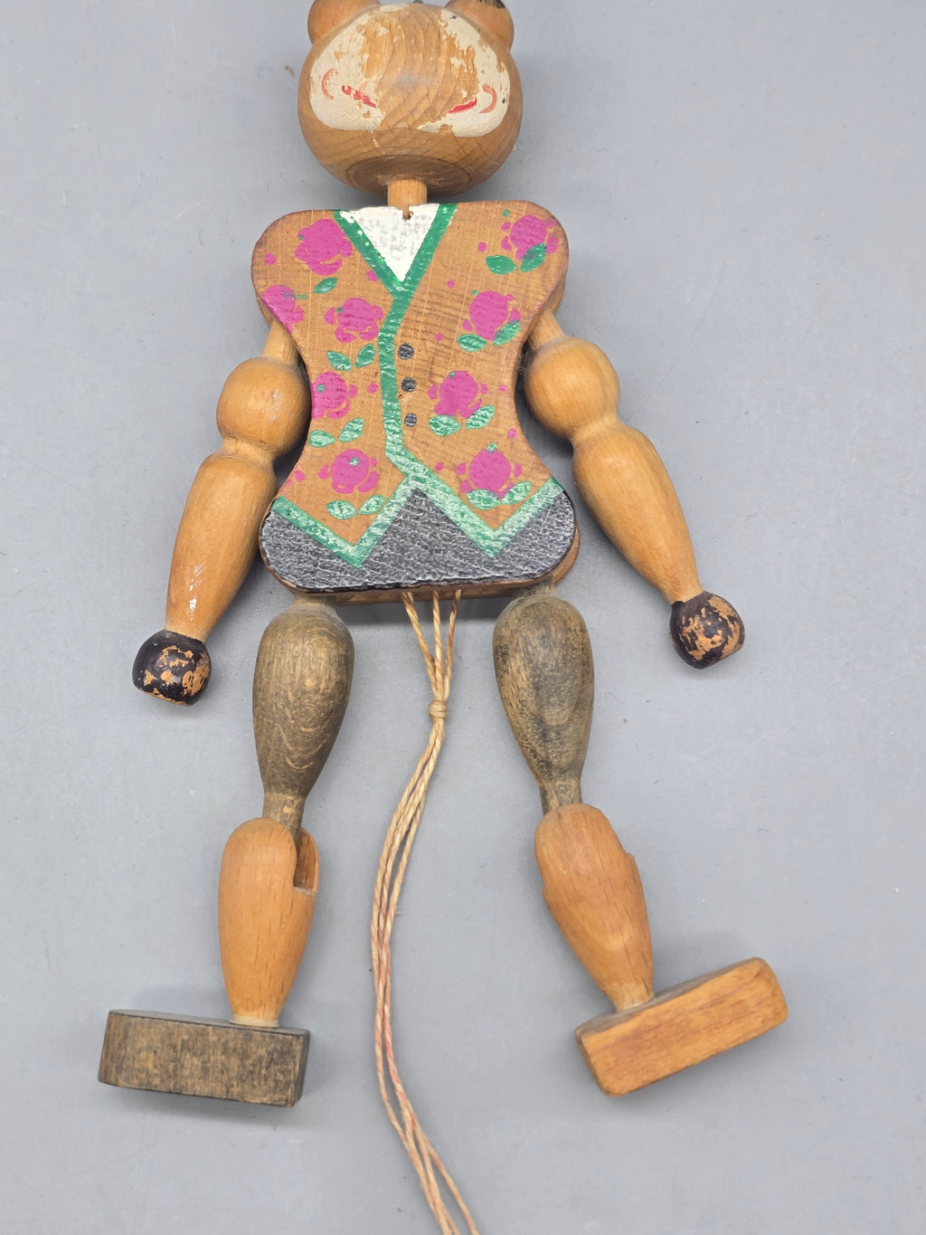 Vintage Wooden Jointed Pull String Bear Puppet Hand Painted Articulated Folk Art Toy 7"