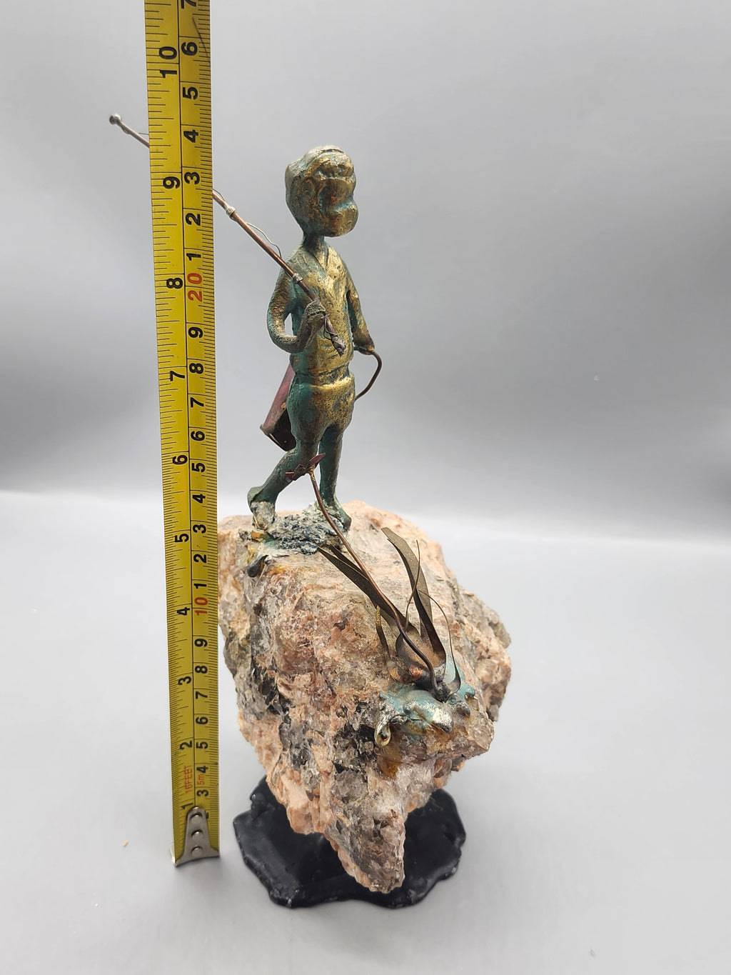 Signed Mixed Media Fisherman Sculpture on Quartz Rock Handmade Art Statue