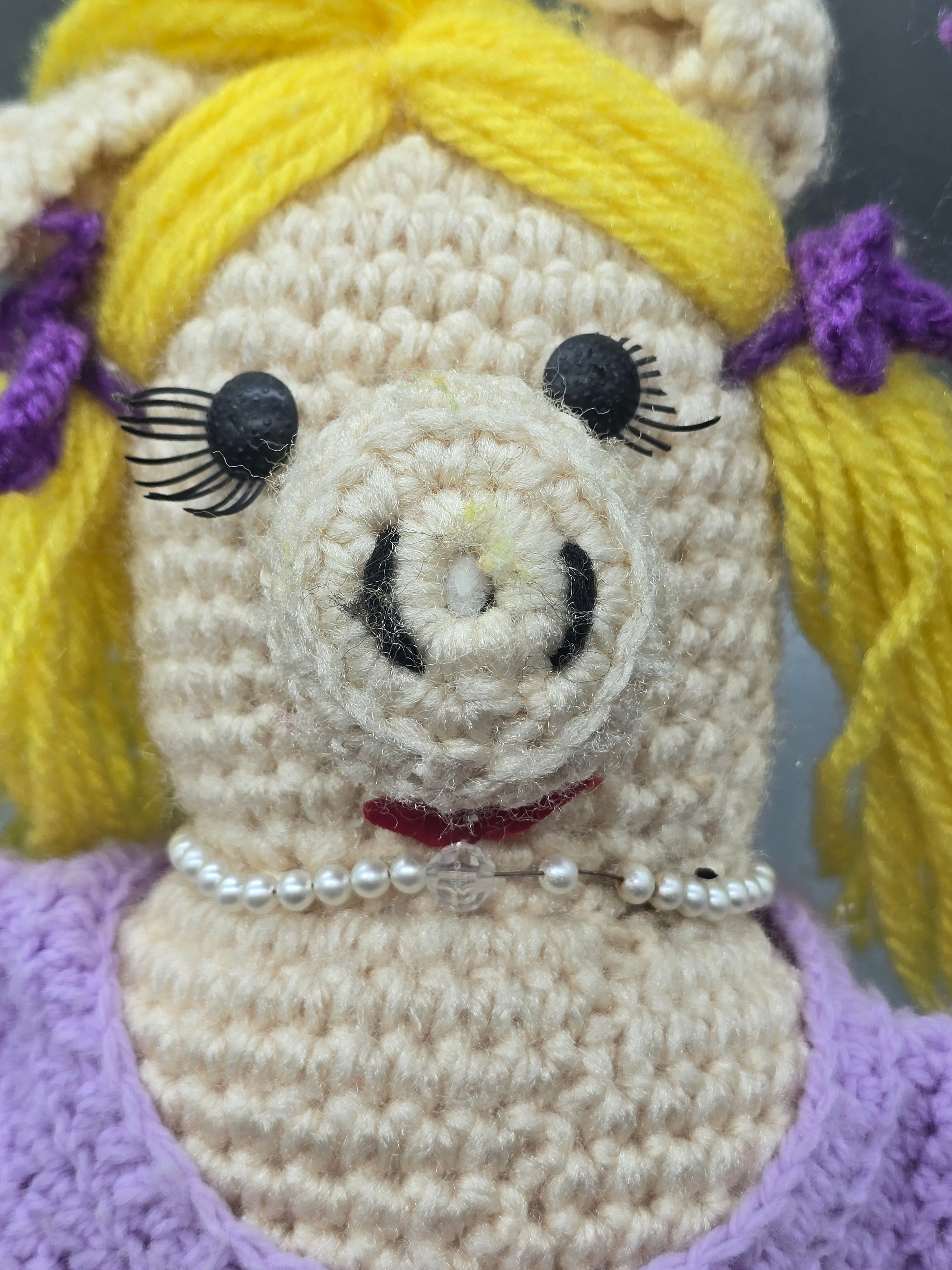 Vintage Handmade Crochet Ms Piggy Doll in Purple Dress – Blonde Yarn Hair – 17" Plush Collectible