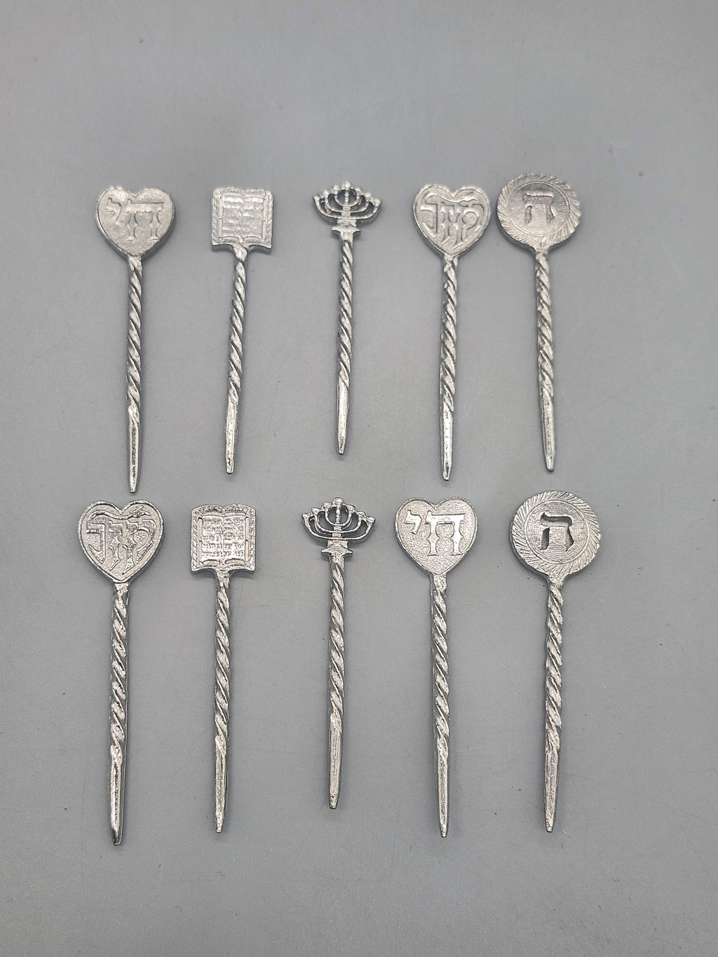 Vintage Judaica Pewter Cocktail Picks Hebrew Menorah Torah Set of 10