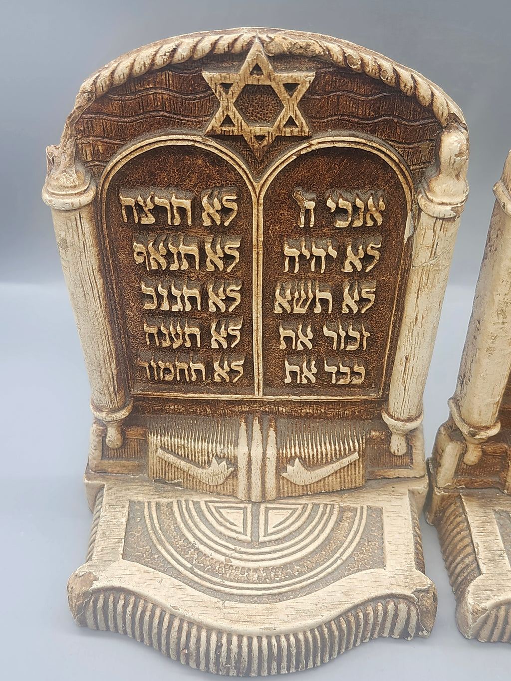 Vintage Judaica Ten Commandments Bookends Hebrew Stone Resin Set of 2