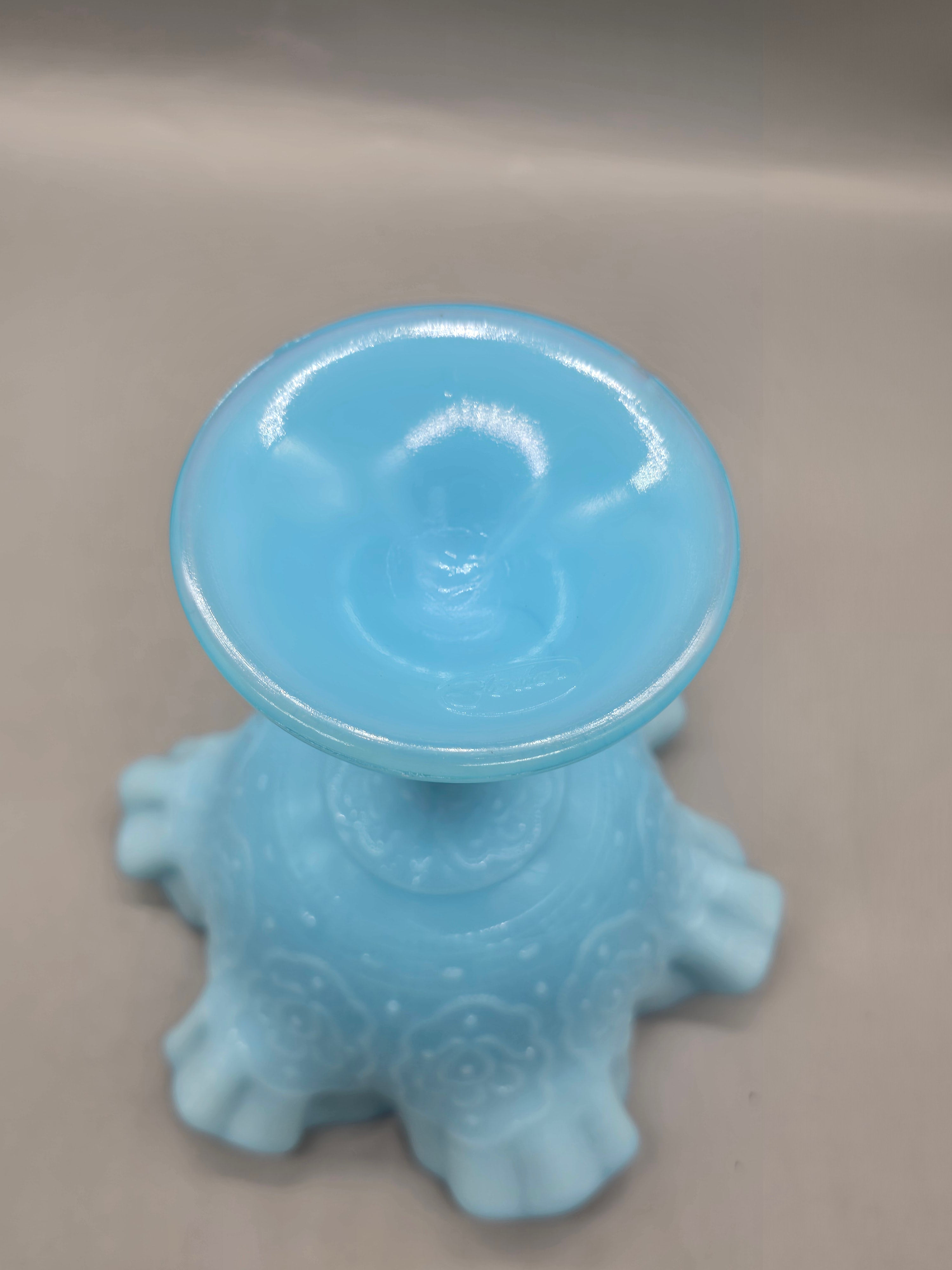 Fenton Blue Satin Glass Compote Pedestal Bowl – Ruffled Edge Candy Dish – Vintage Milk Glass