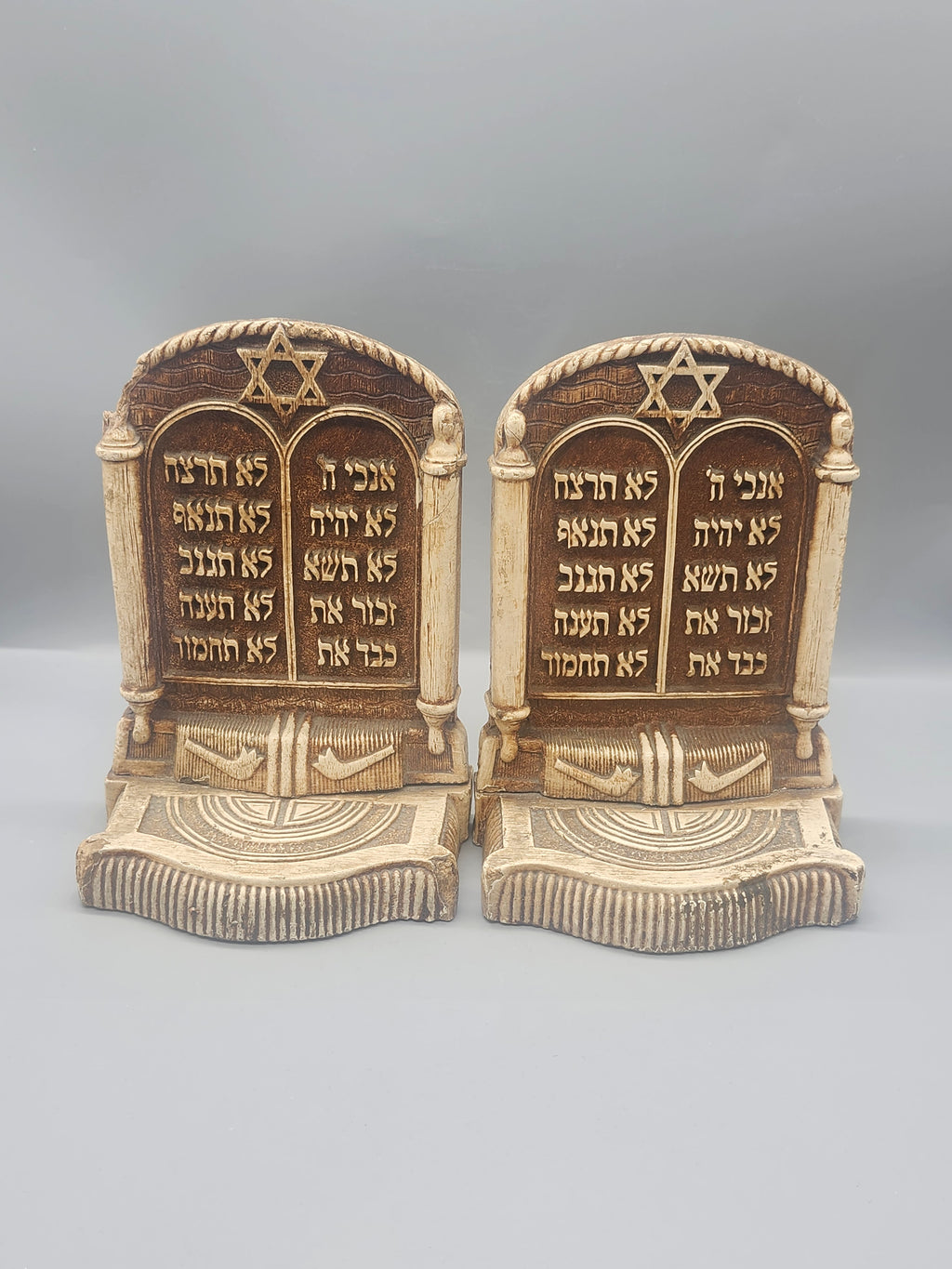 Vintage Judaica Ten Commandments Bookends Hebrew Stone Resin Set of 2