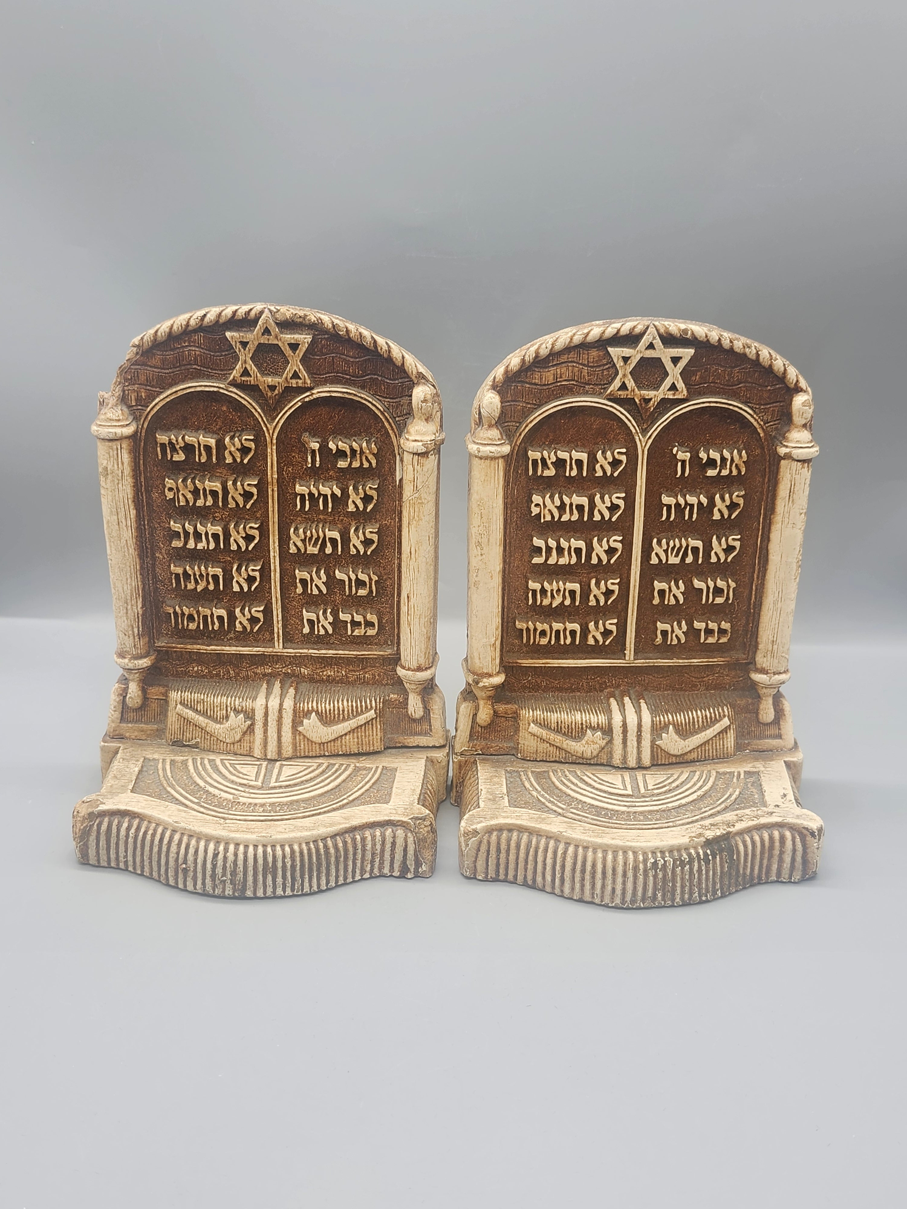 Vintage Judaica Ten Commandments Bookends Hebrew Stone Resin Set of 2