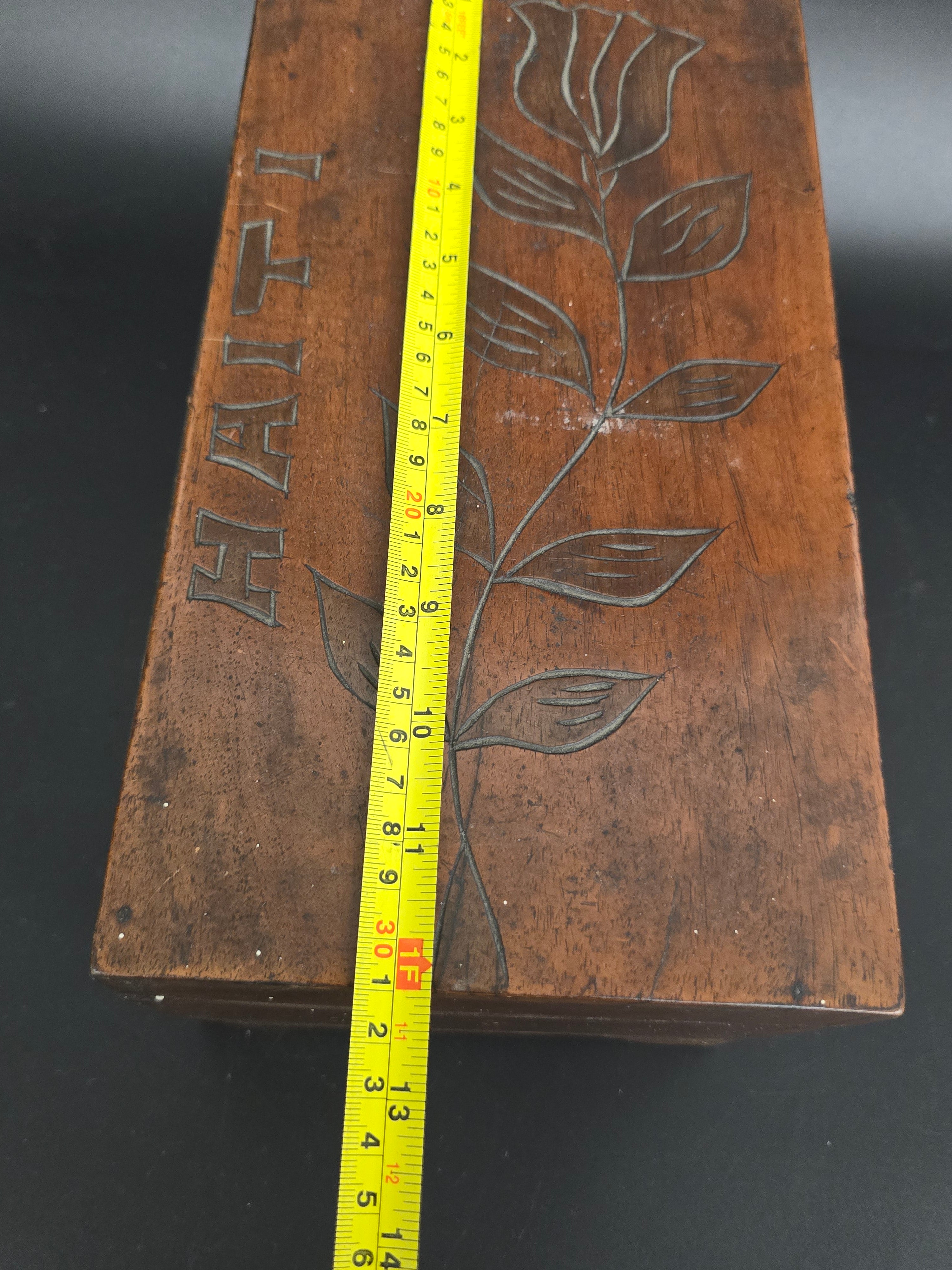 Vintage Hand Carved Wooden Keepsake Box "HAITI" Floral Folk Art Trinket Jewelry Box