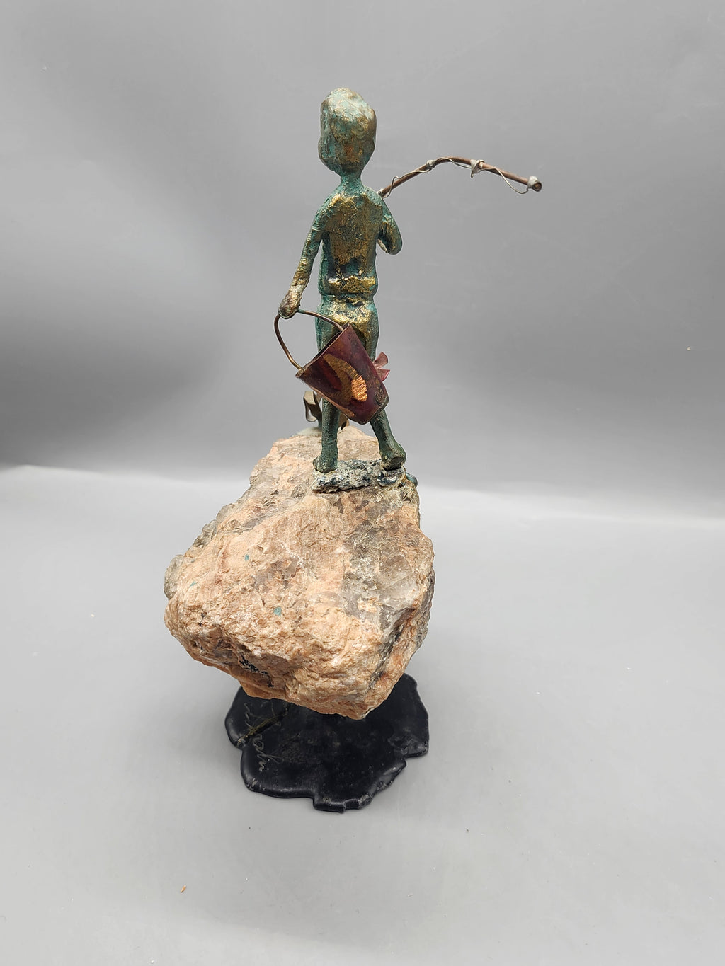 Signed Mixed Media Fisherman Sculpture on Quartz Rock Handmade Art Statue