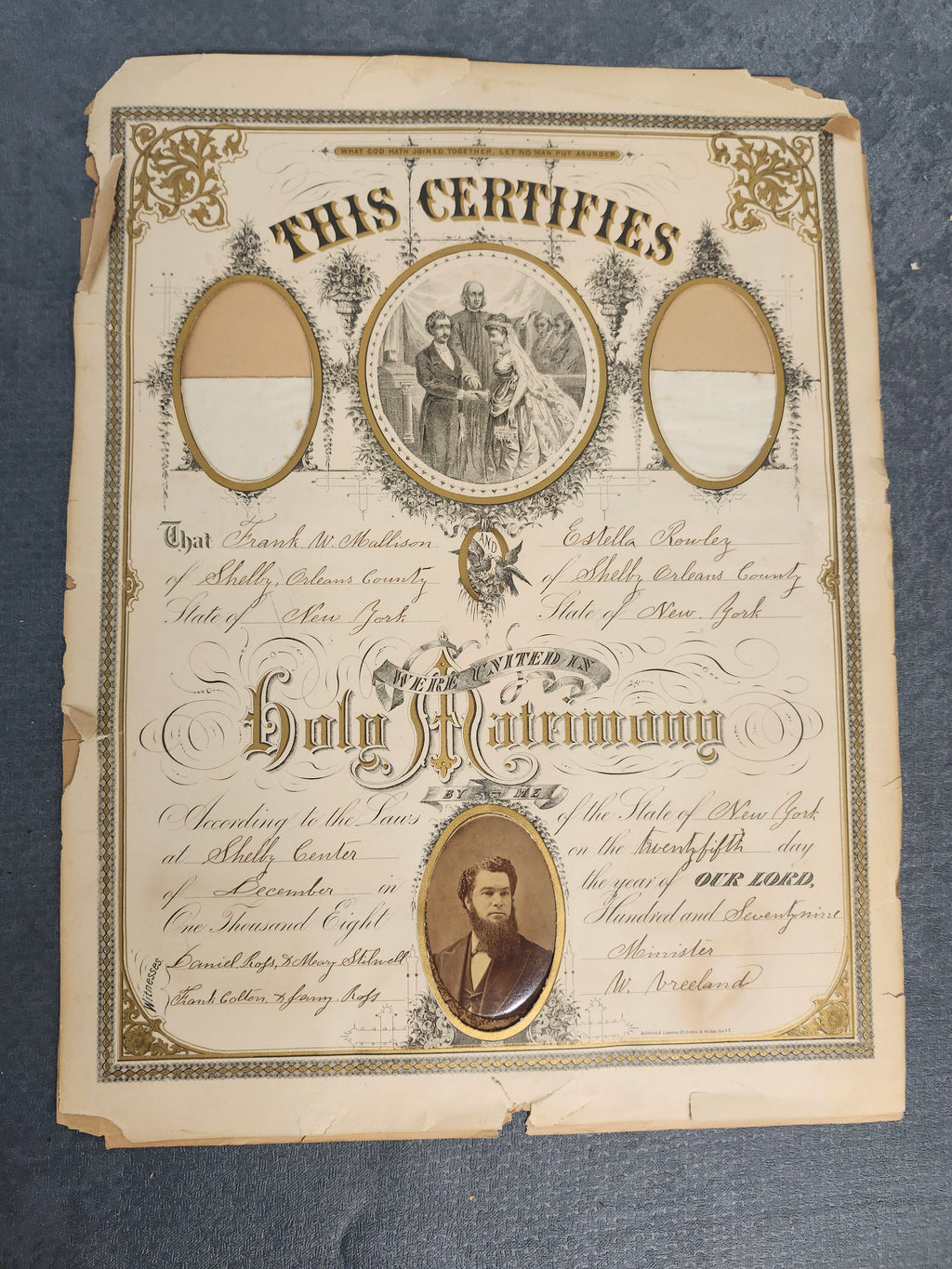 1879 Antique New York Marriage Certificate w Tintype Photo Ornate Document