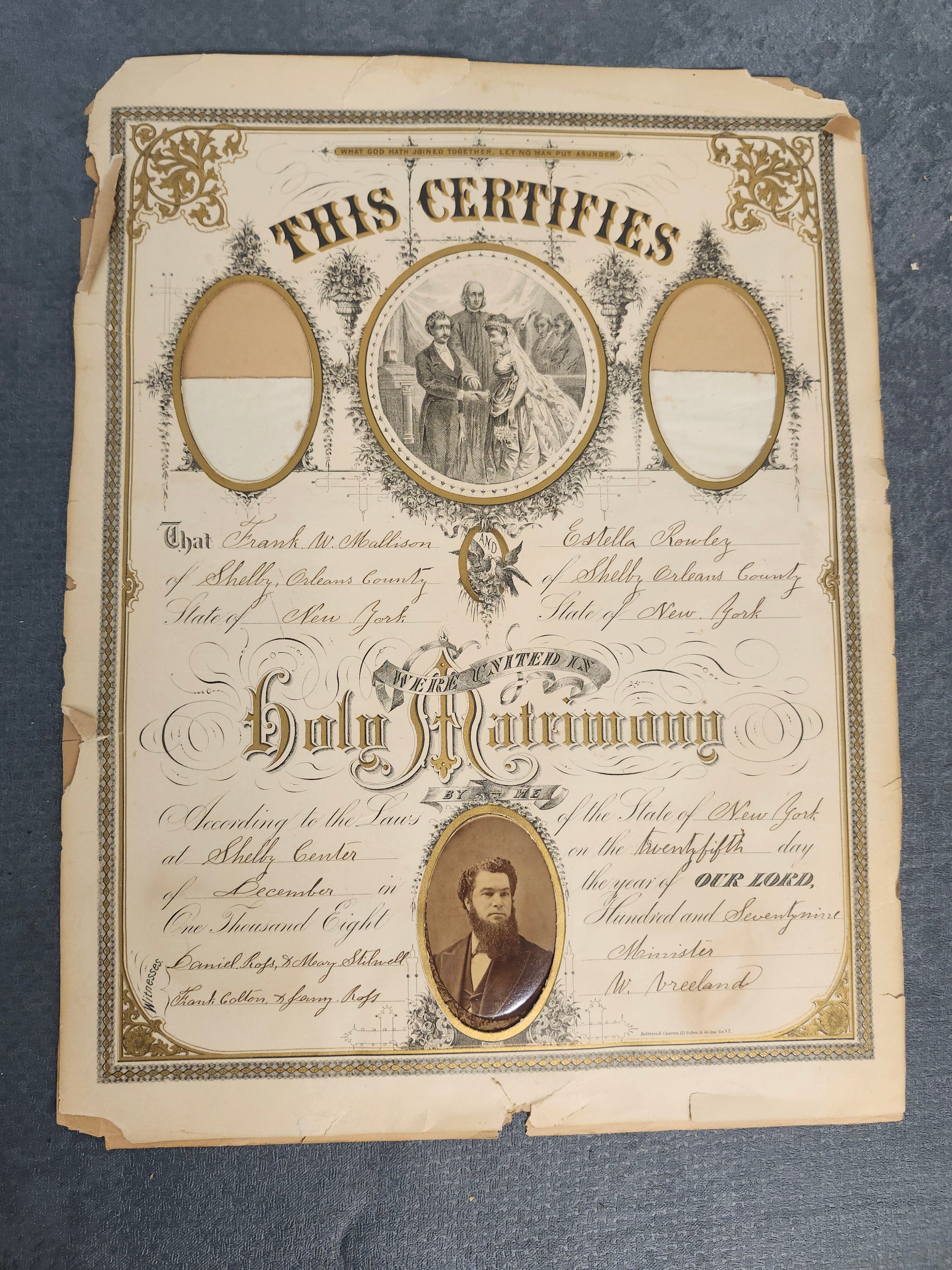 1879 Antique New York Marriage Certificate w Tintype Photo Ornate Document