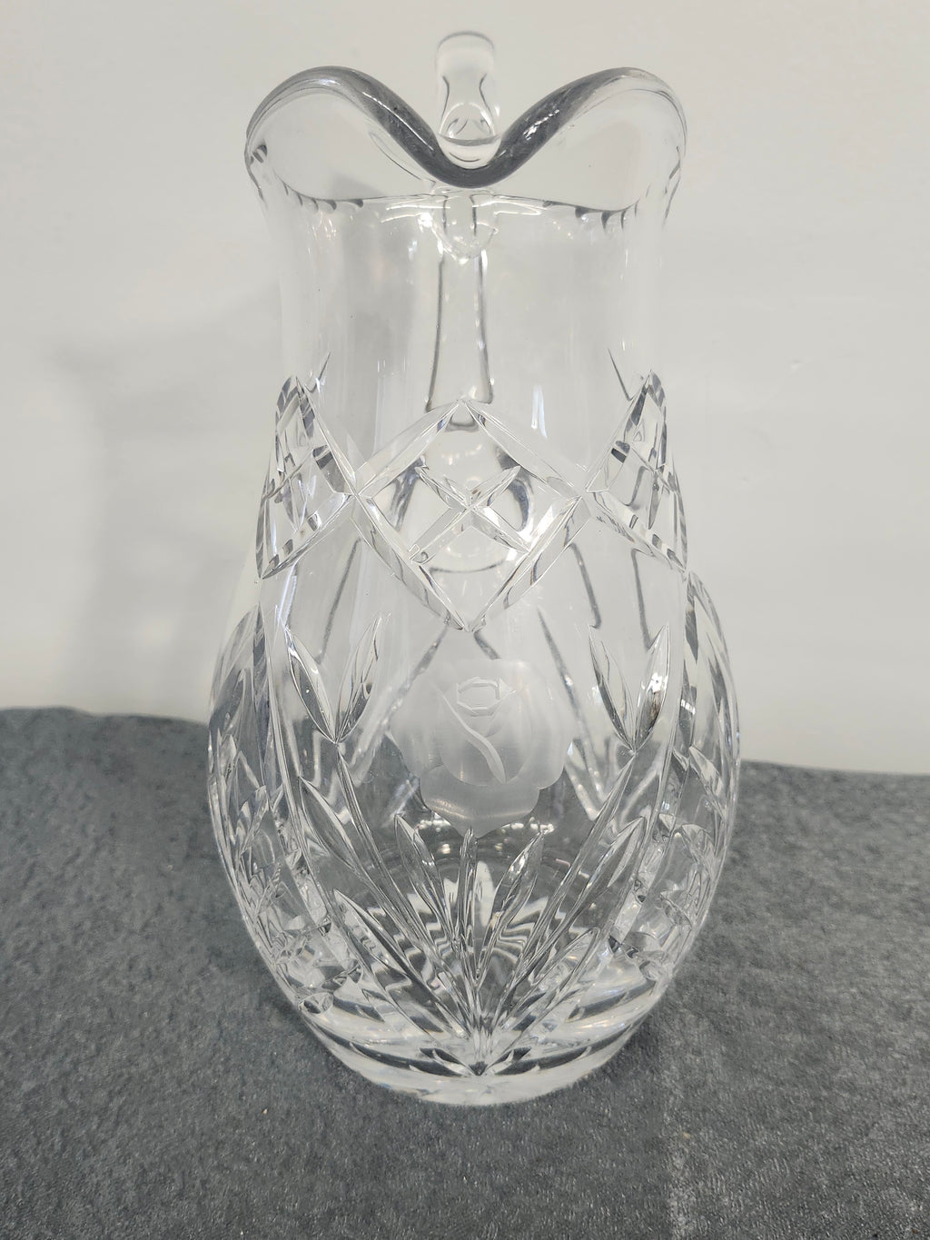 Vintage Cut Crystal Pitcher Etched Rose Floral Water Juice Vase 10"