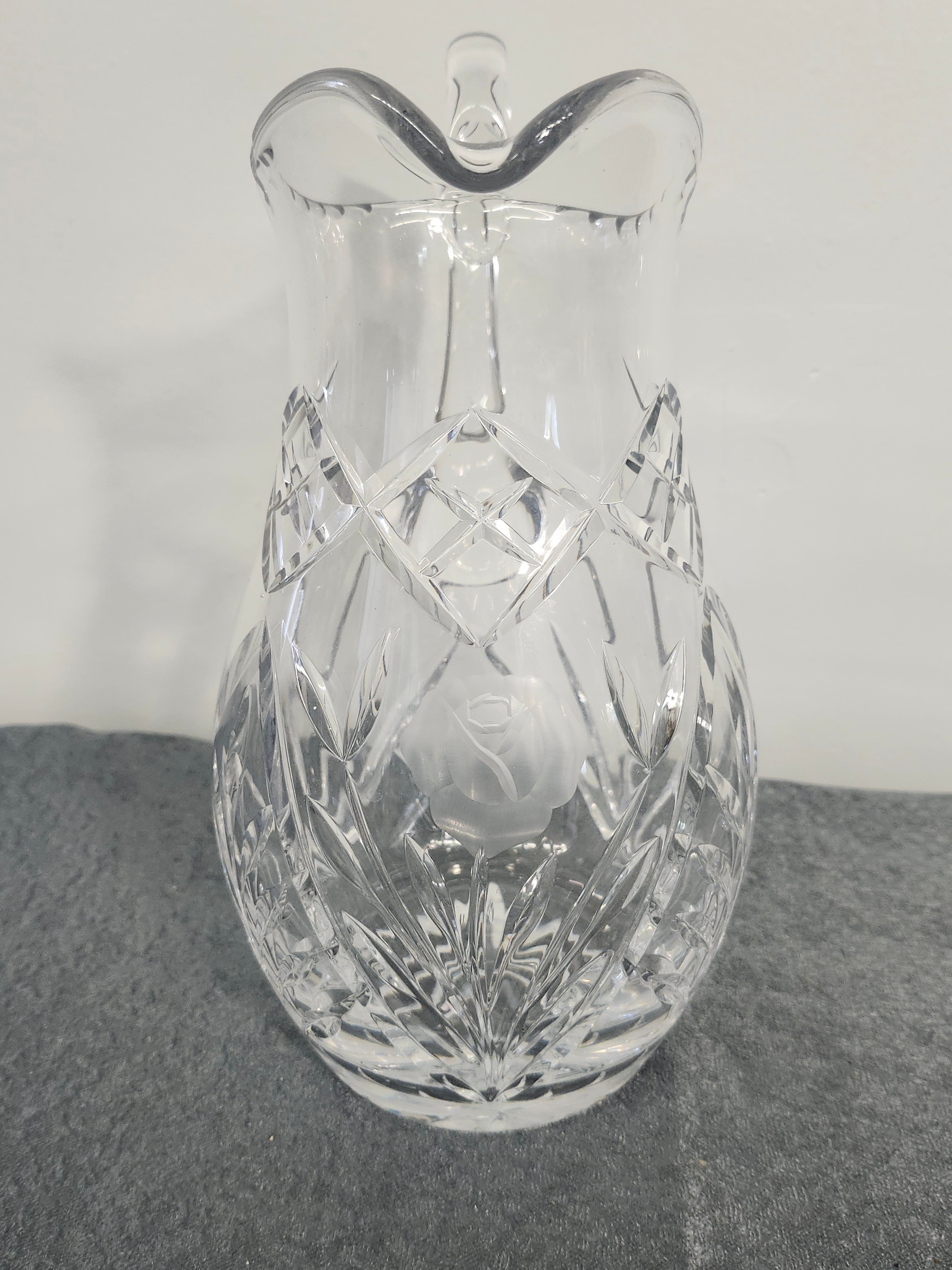 Vintage Cut Crystal Pitcher Etched Rose Floral Water Juice Vase 10"