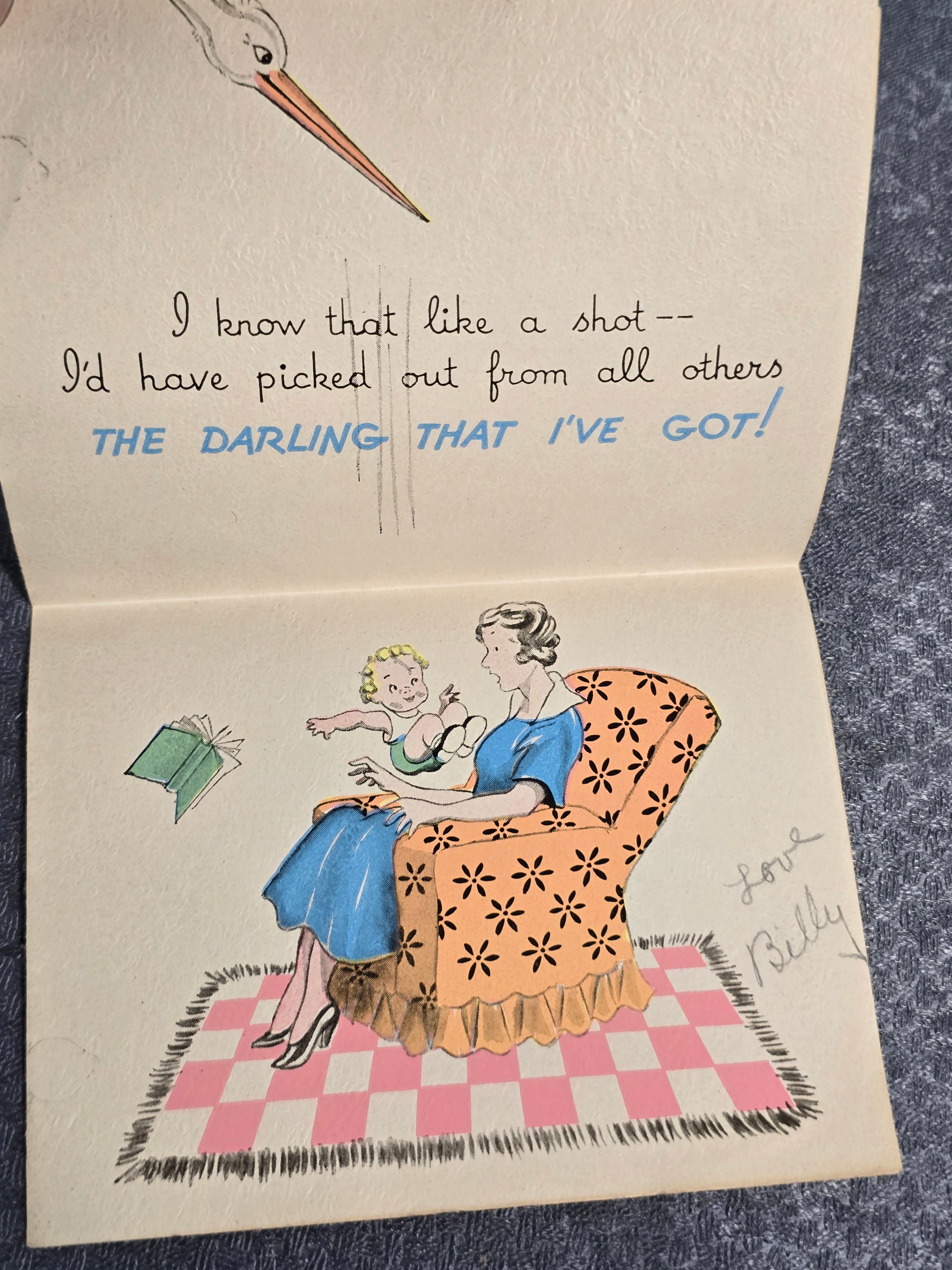 Vintage Mother's Day Greeting Card Cute Baby Stork Hallmark Style c.1930s-1940s