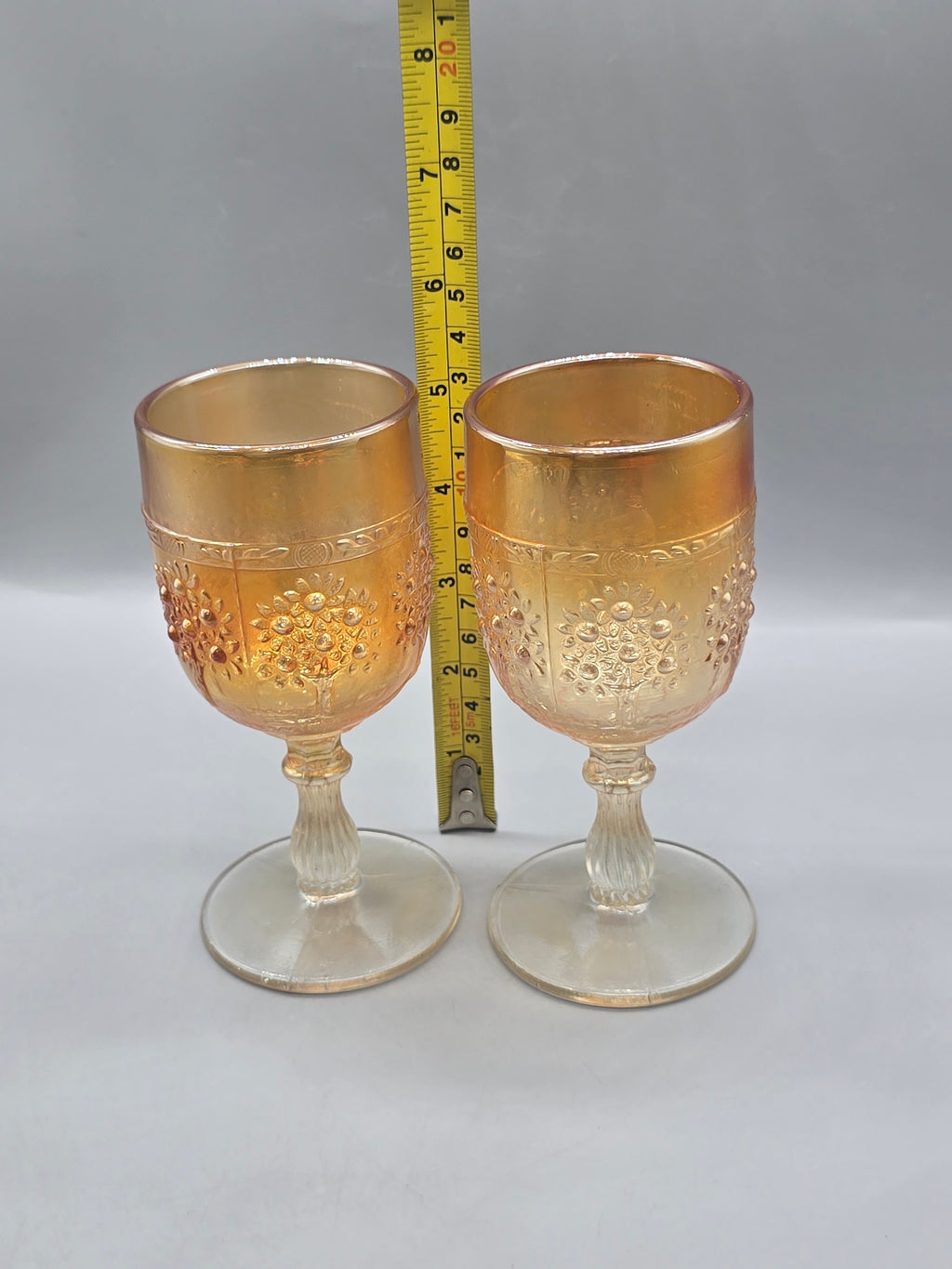 Set of 2 Vintage Indiana Glass Peach Luster Harvest Grape Water Goblets Stemmed Glasses