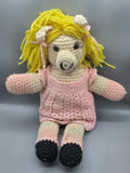 Handmade Crochet Pig Doll – Pink Dress – Blonde Yarn Hair – 17" Plush Collectible