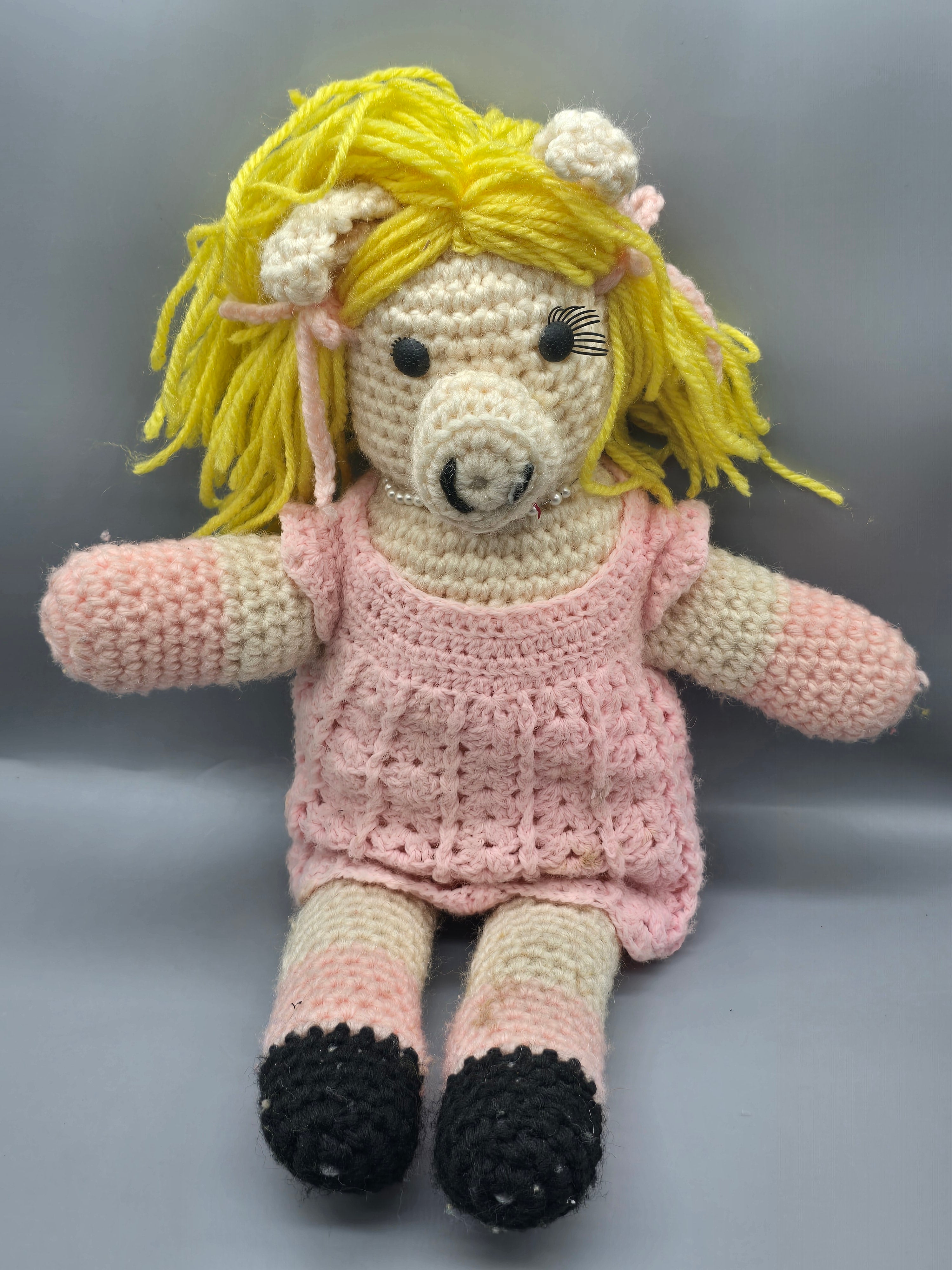 Handmade Crochet Pig Doll – Pink Dress – Blonde Yarn Hair – 17" Plush Collectible