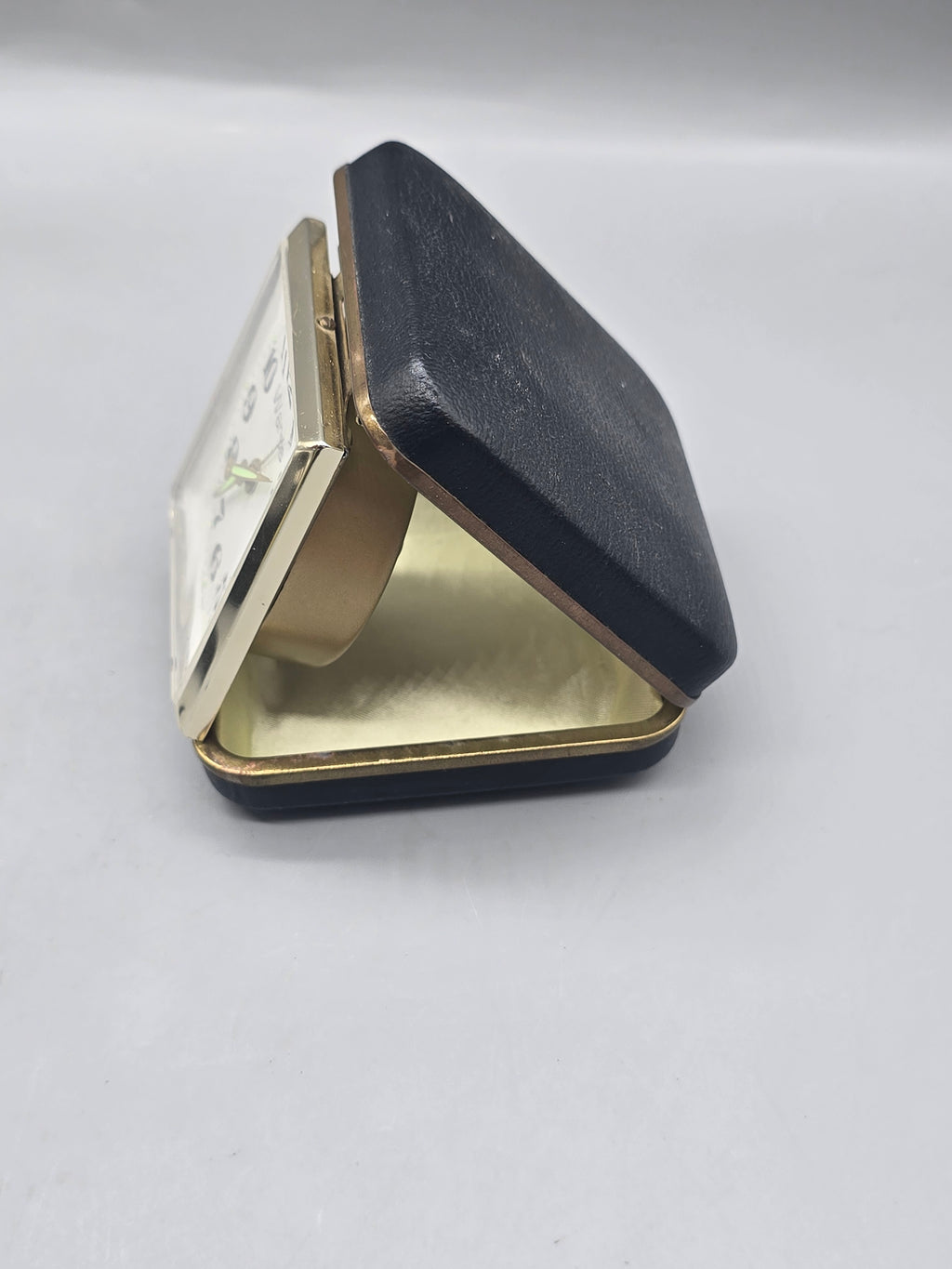 Vintage Wards Travel Alarm Clock Folding Case Made in Japan Wind-Up Mechanical Black Gold