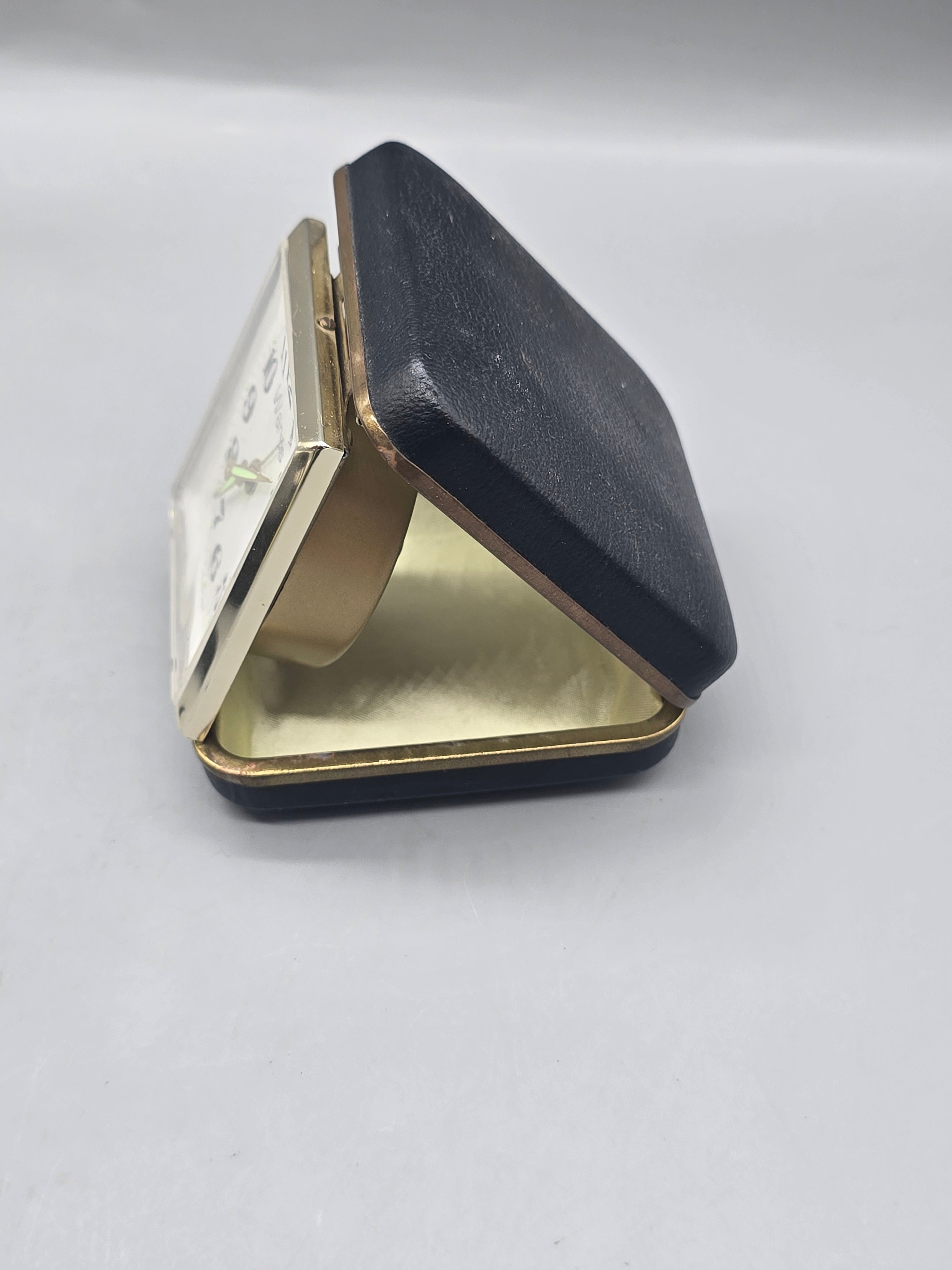 Vintage Wards Travel Alarm Clock Folding Case Made in Japan Wind-Up Mechanical Black Gold