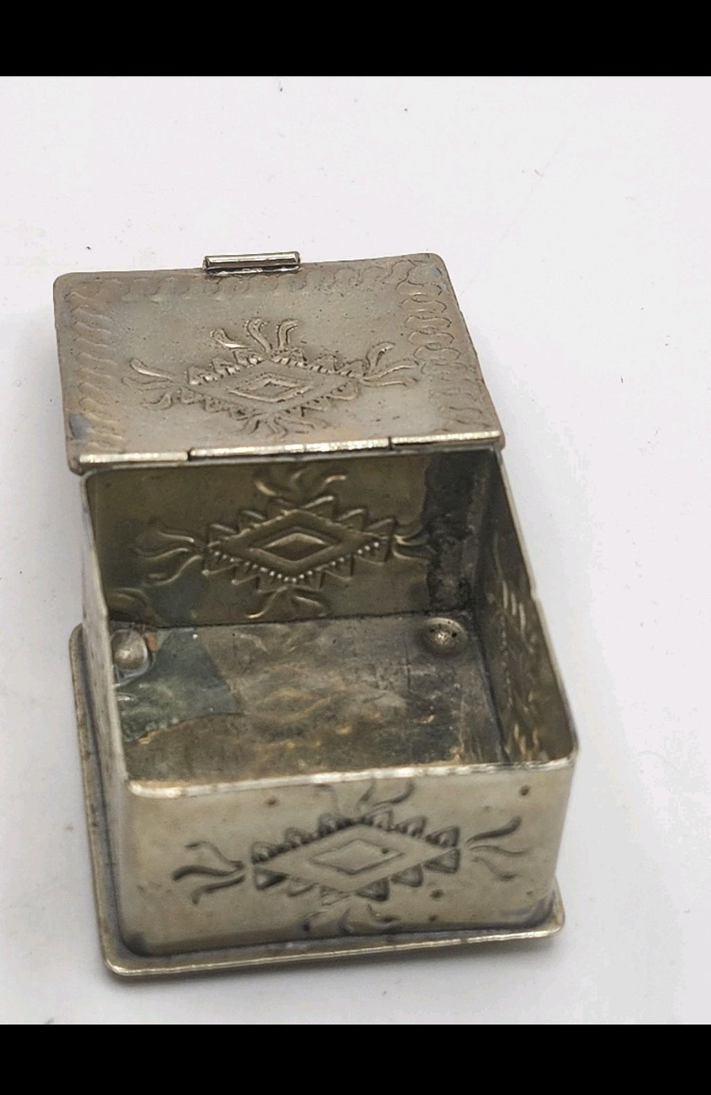 Small Silver Metal Trinket Box Southwestern Geometric Design Hinged Lid Decor