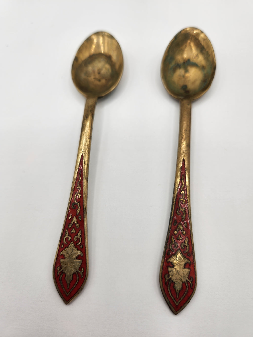 Vintage Brass Cloisonne Demitasse Spoons Set of 2 Red Enamel Floral Handles
