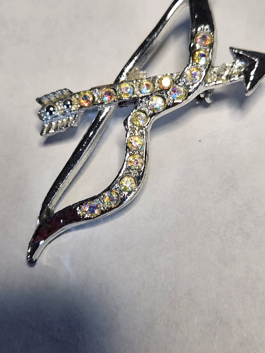 Vintage Aurora Rhinestone Bow & Arrow Brooch Cupid Archer Pin Silver Tone