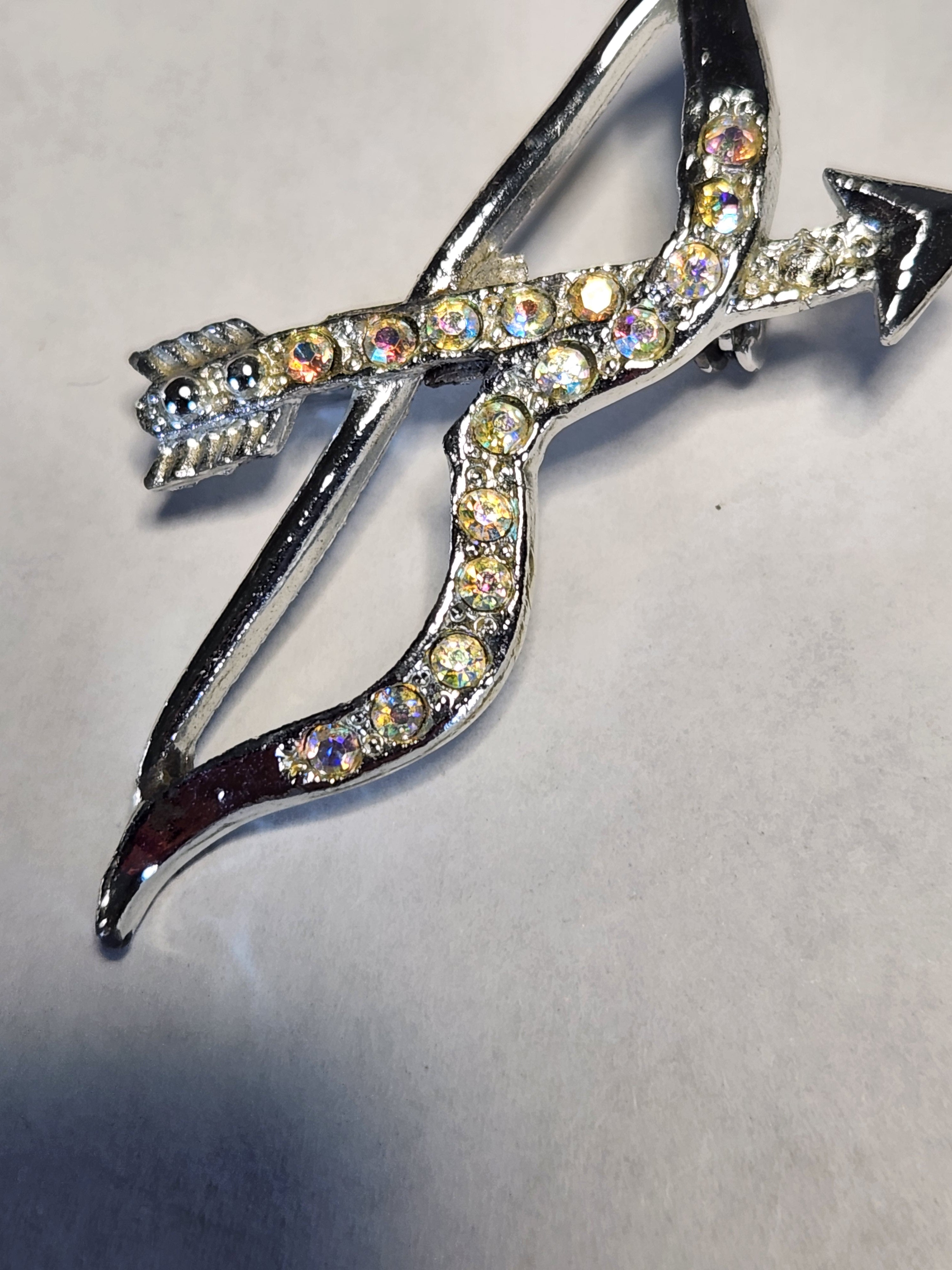 Vintage Aurora Rhinestone Bow & Arrow Brooch Cupid Archer Pin Silver Tone
