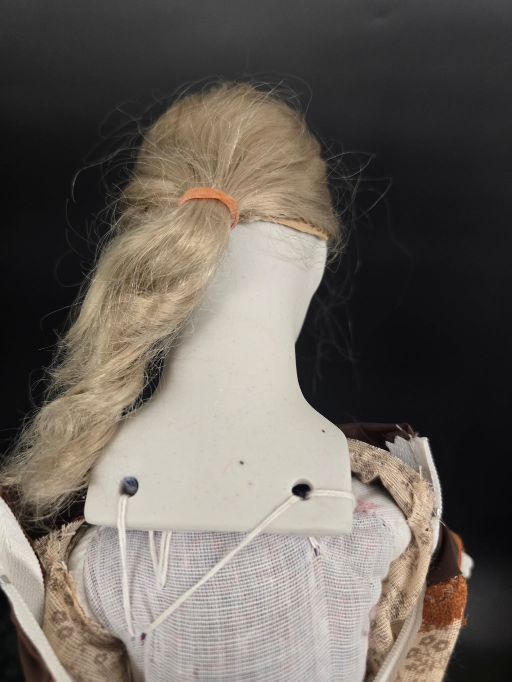 Vintage Porcelain Doll – Blonde Hair – Cloth Body – Brown Prairie Dress – Approx. 18"