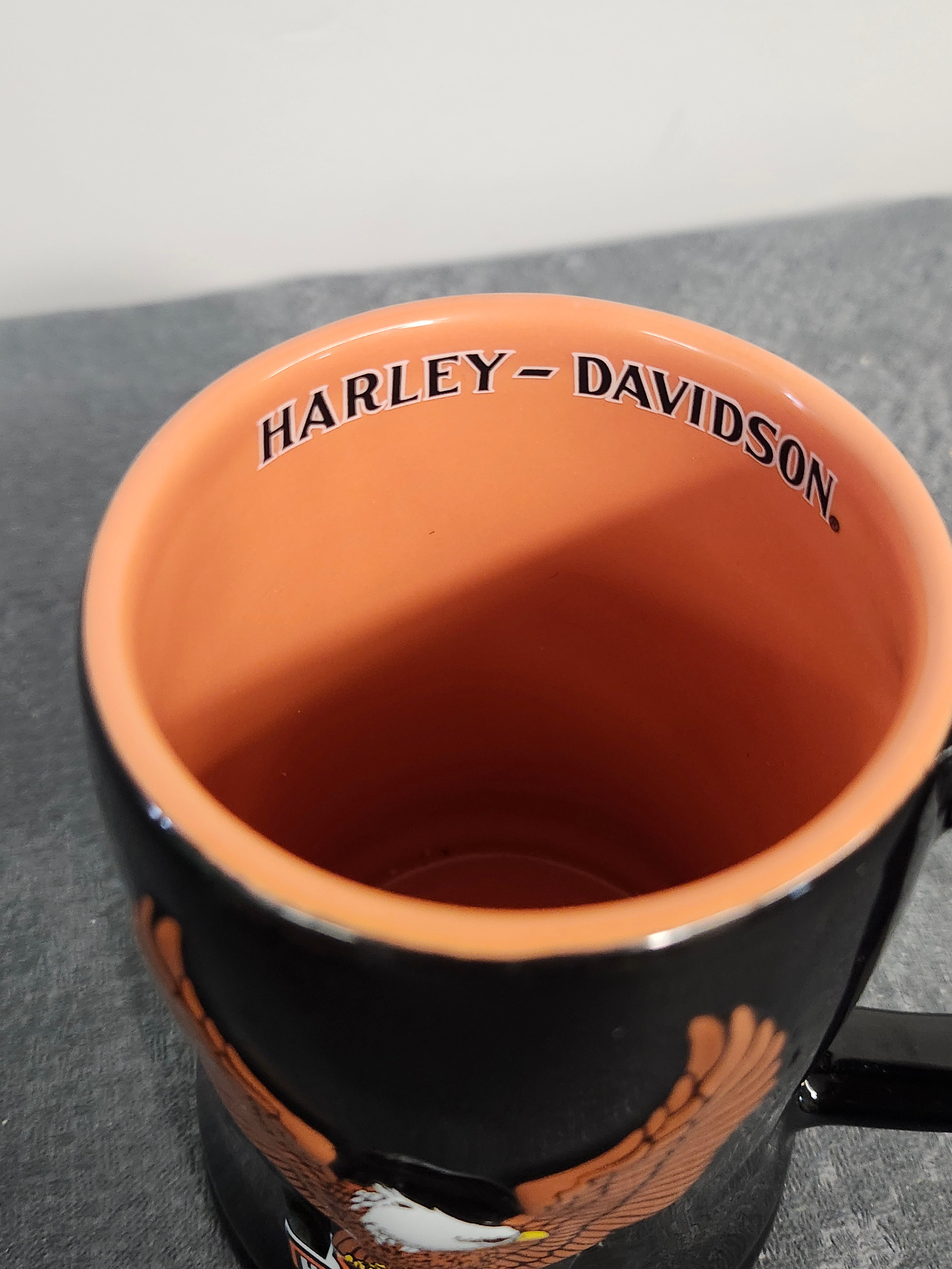Harley-Davidson Eagle Black Ceramic Coffee Mug Orange Interior Licensed