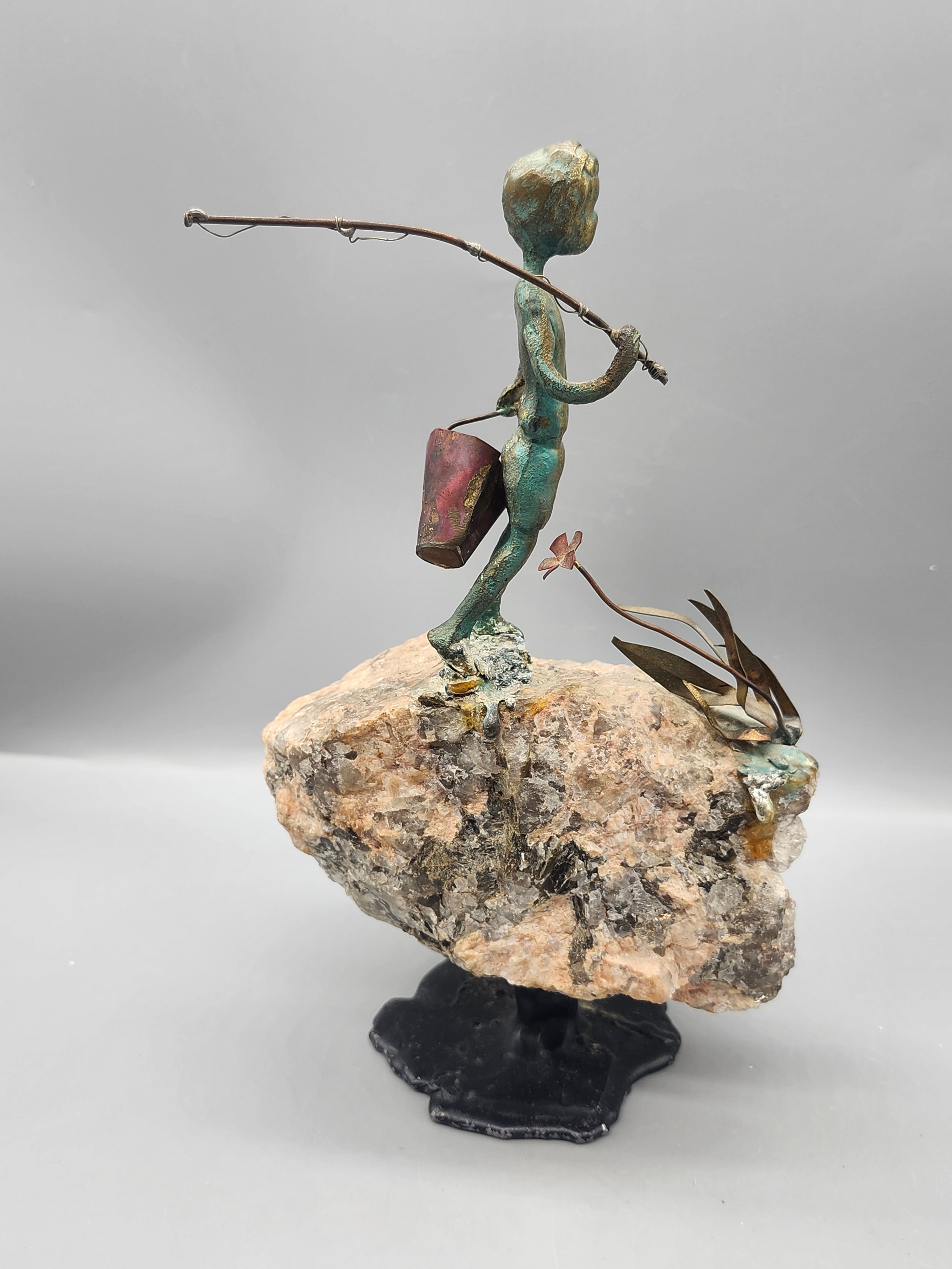 Signed Mixed Media Fisherman Sculpture on Quartz Rock Handmade Art Statue