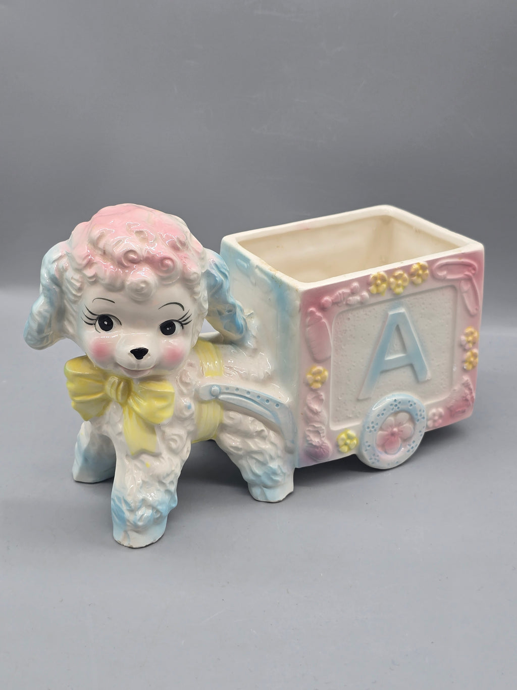 Vintage Ceramic Spaghetti Poodle Pull Wagon Planter Alphabet Block "A" Nursery Japan