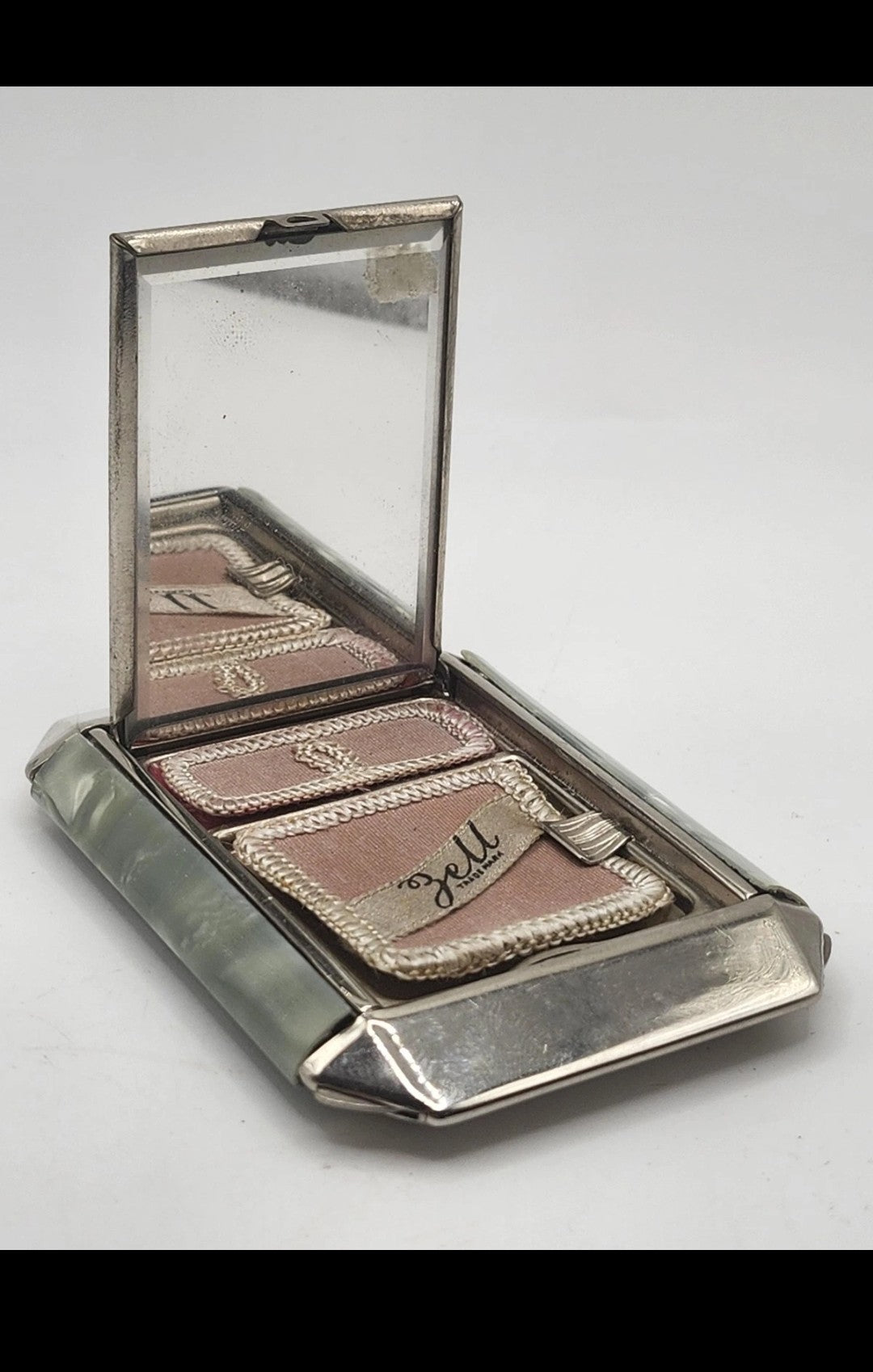 Vintage Zell Green Marbled Compact Face Powder Rouge Mirror Art Deco Case Vanity