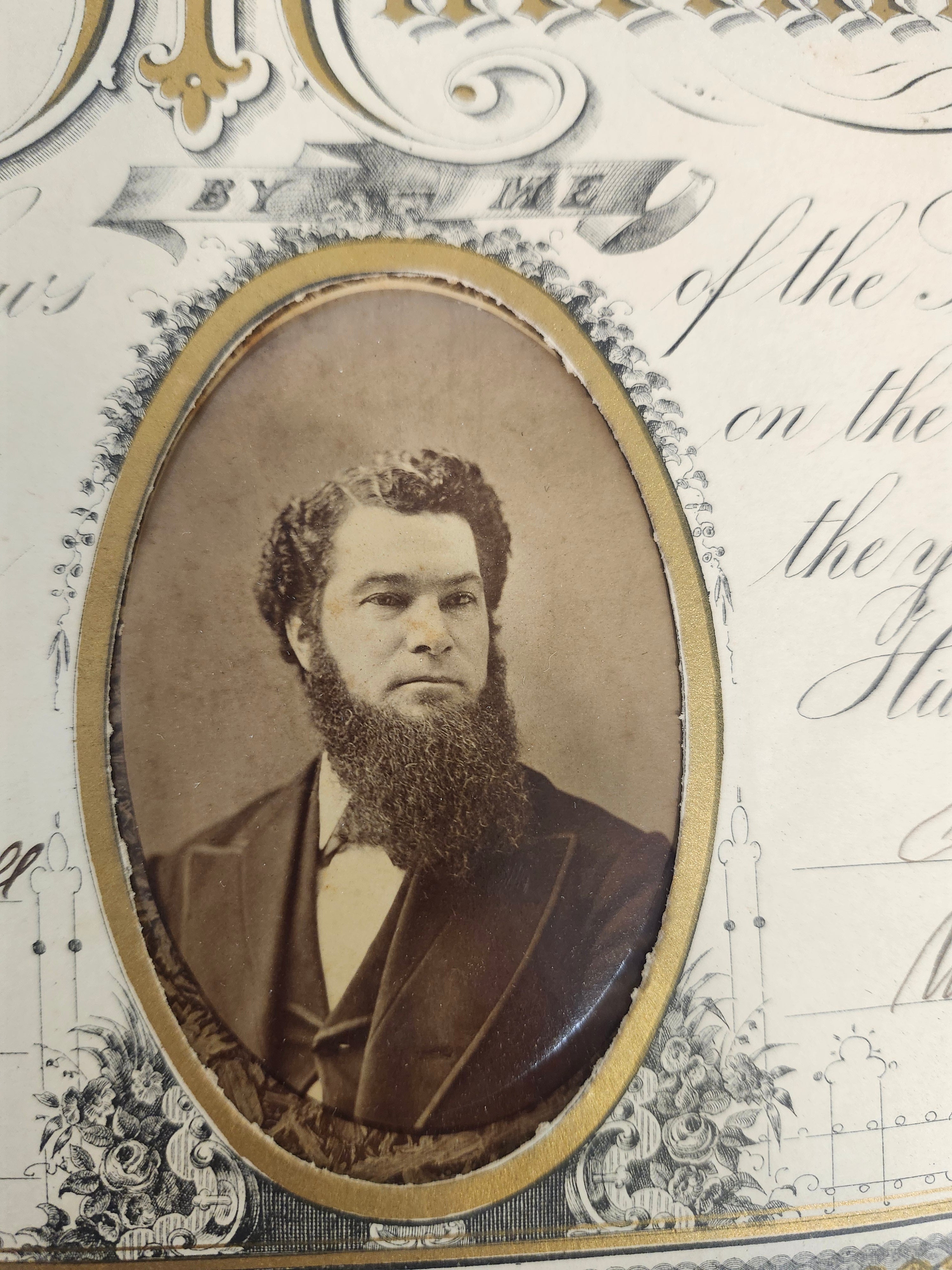1879 Antique New York Marriage Certificate w Tintype Photo Ornate Document
