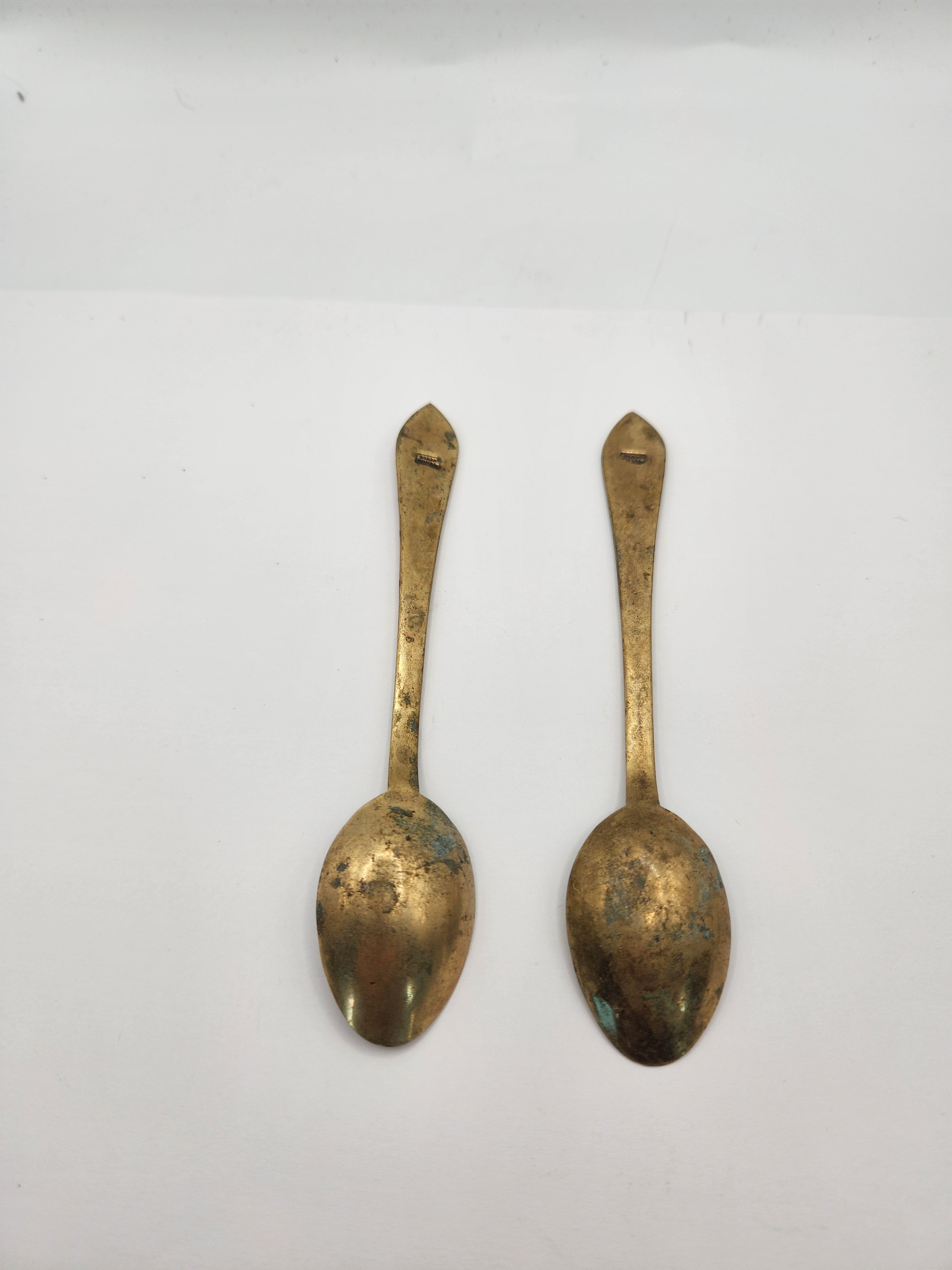 Vintage Brass Cloisonne Demitasse Spoons Set of 2 Red Enamel Floral Handles