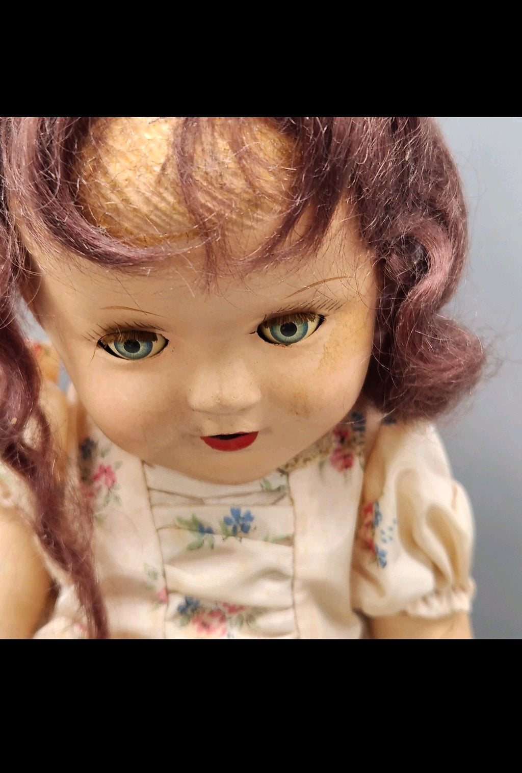 Vintage Composition Girl Doll 17 In Brown Hair Green Eyes Floral Dress Shoes