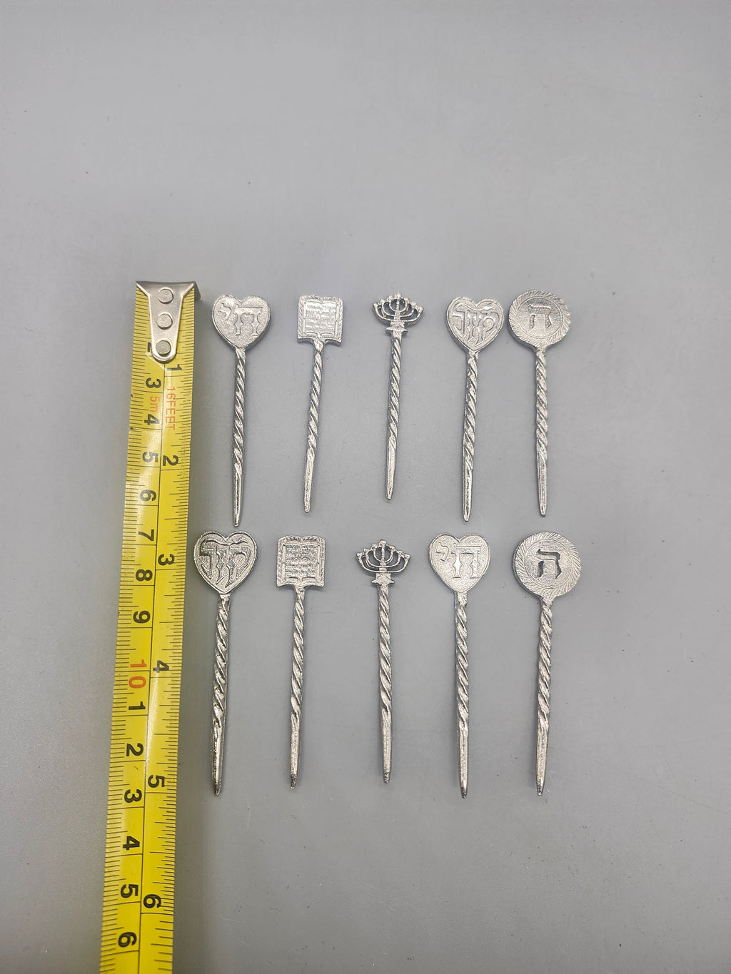 Vintage Judaica Pewter Cocktail Picks Hebrew Menorah Torah Set of 10