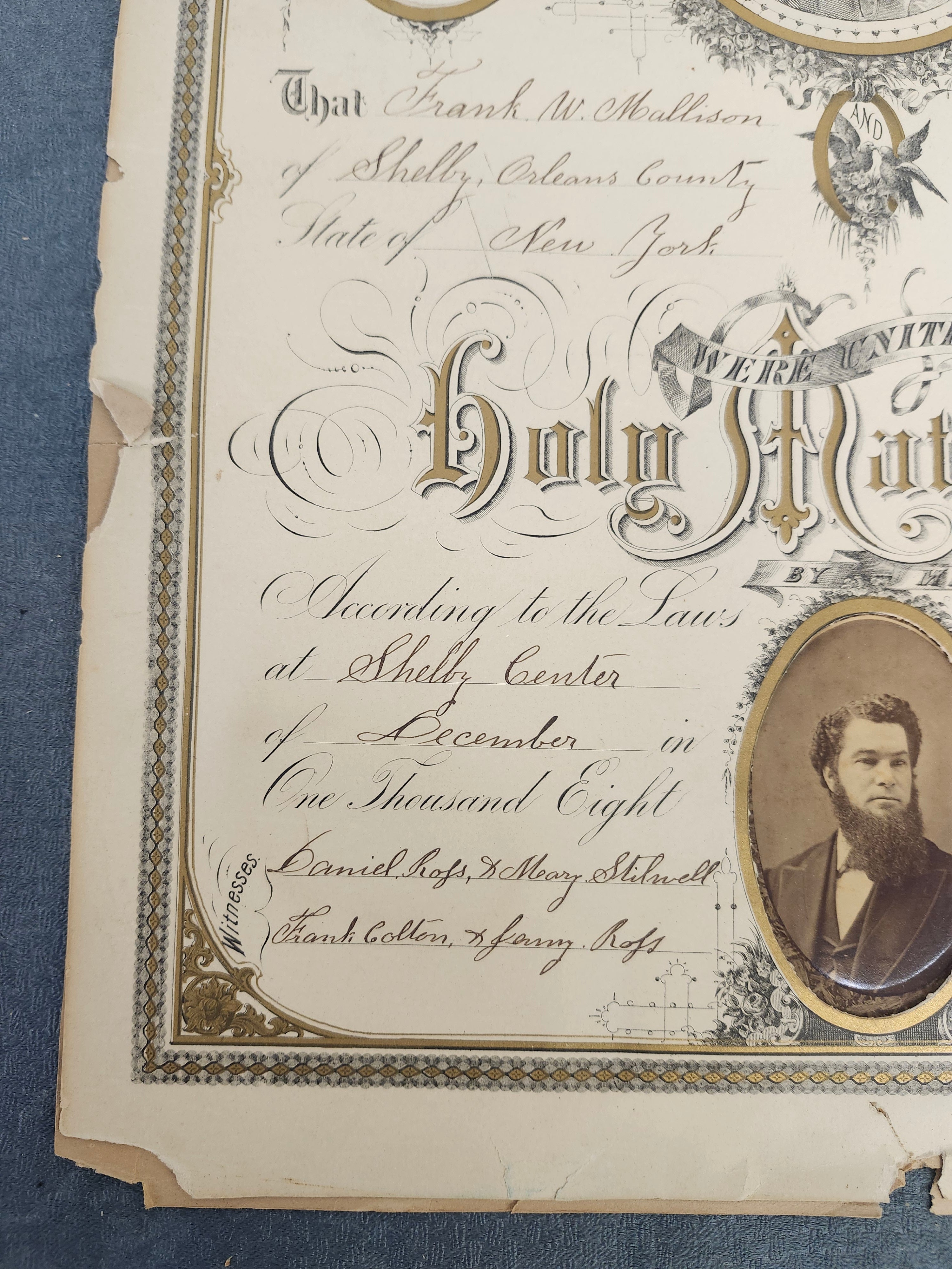 1879 Antique New York Marriage Certificate w Tintype Photo Ornate Document