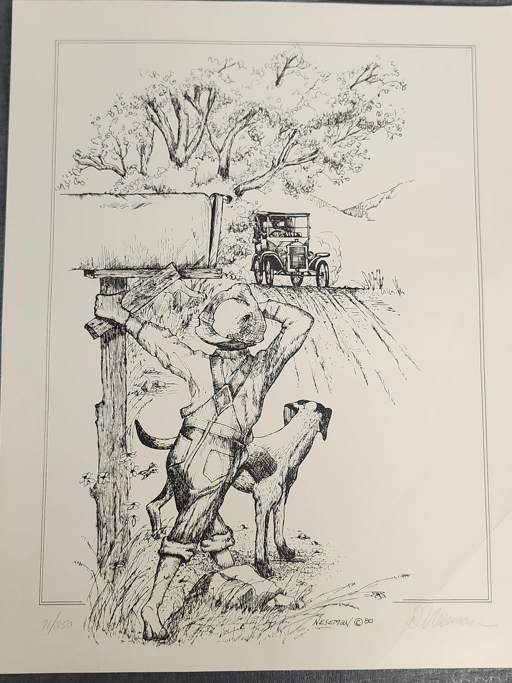 Signed Neseman 1980 Limited Edition Farm Boy Dog Print 71/250 11x14