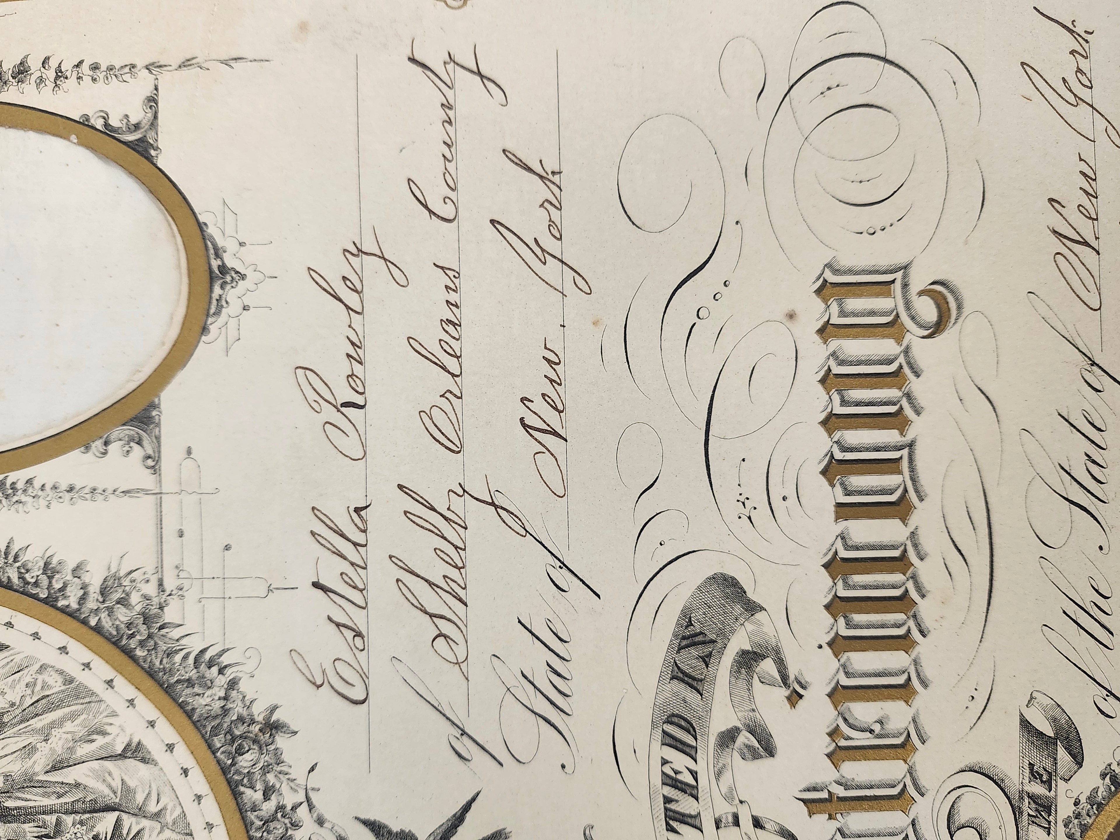 1879 Antique New York Marriage Certificate w Tintype Photo Ornate Document