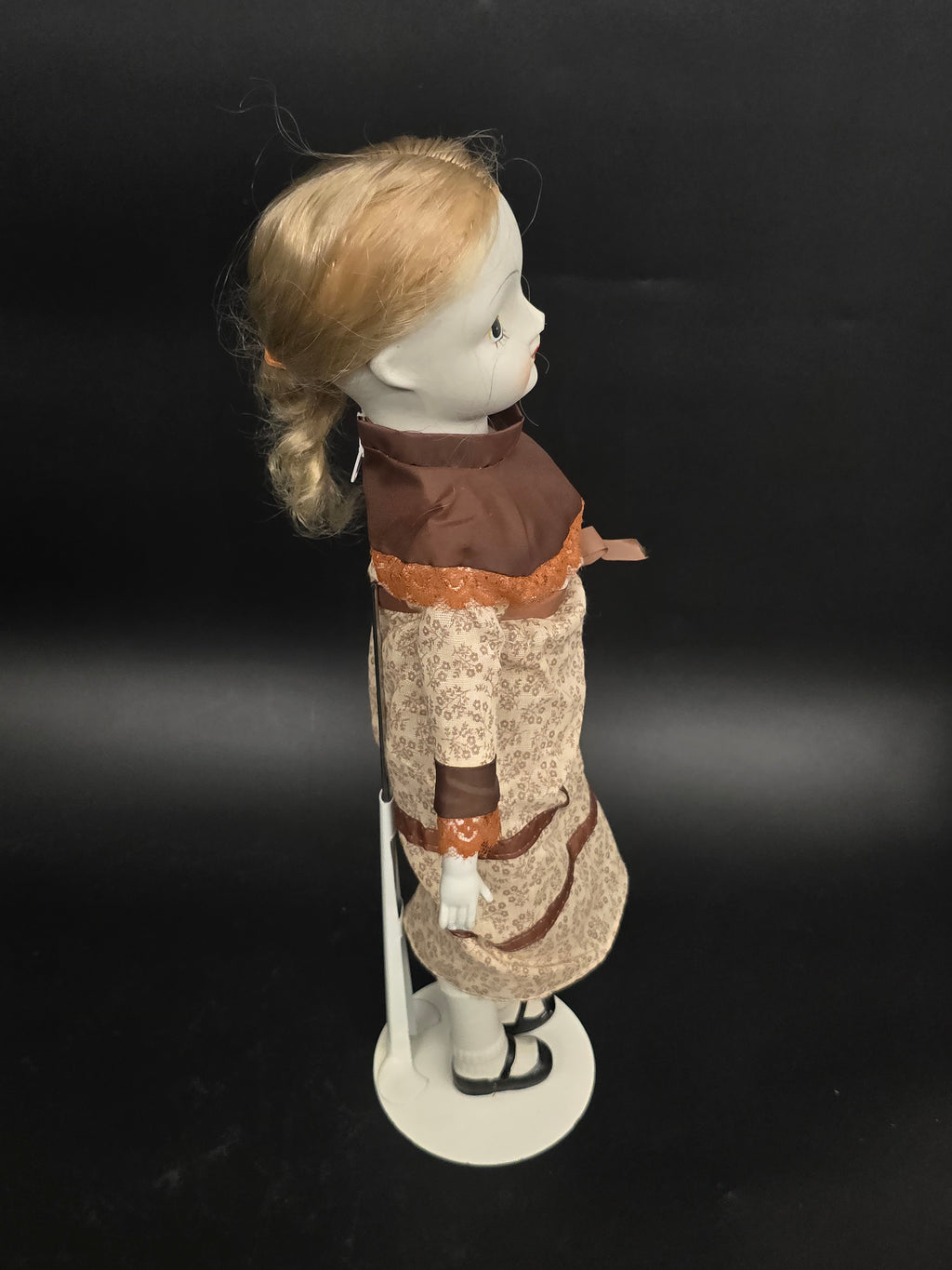 Vintage Porcelain Doll – Blonde Hair – Cloth Body – Brown Prairie Dress – Approx. 18"